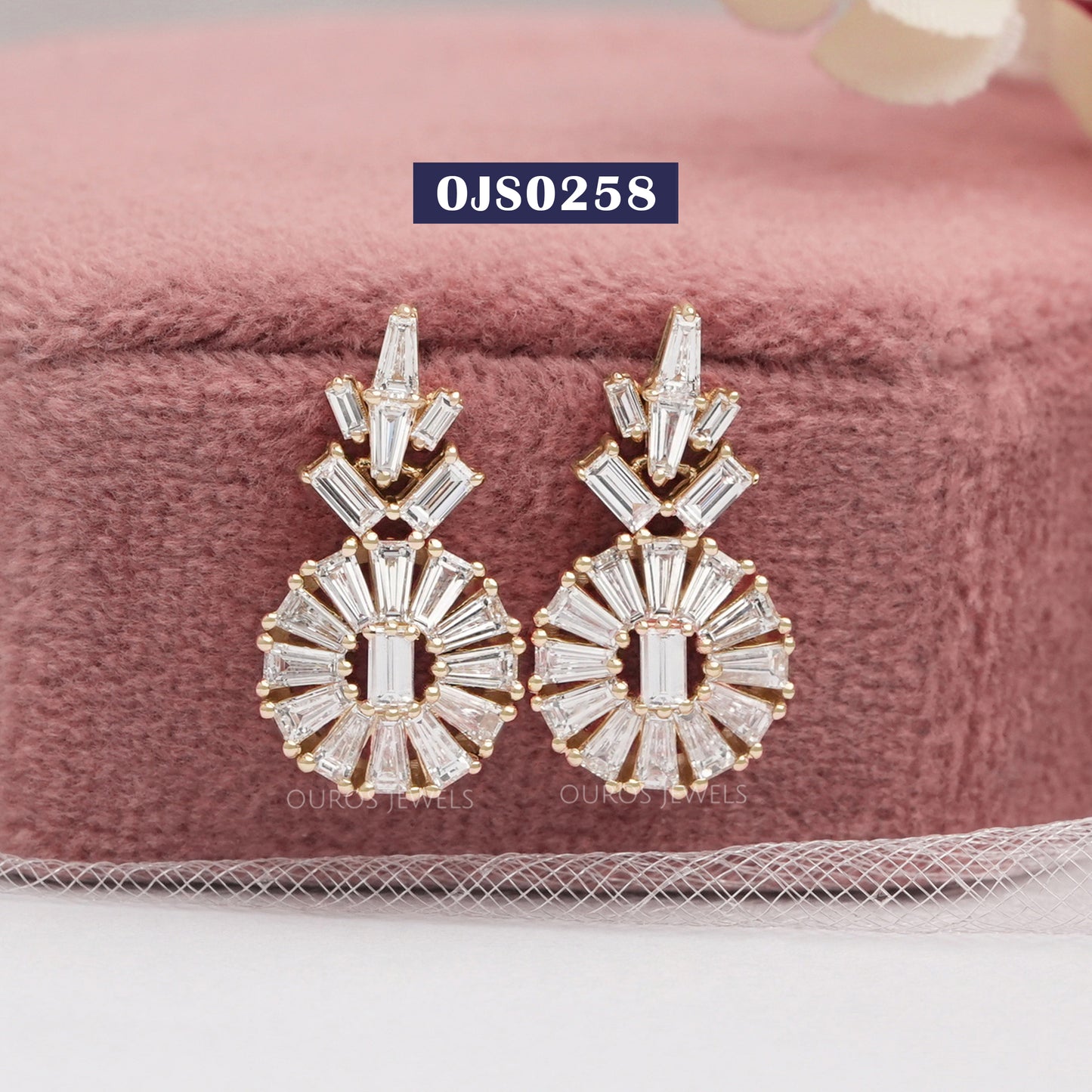 Tapered Baguette And Baguette Cut Halo Tear Drop Earrings