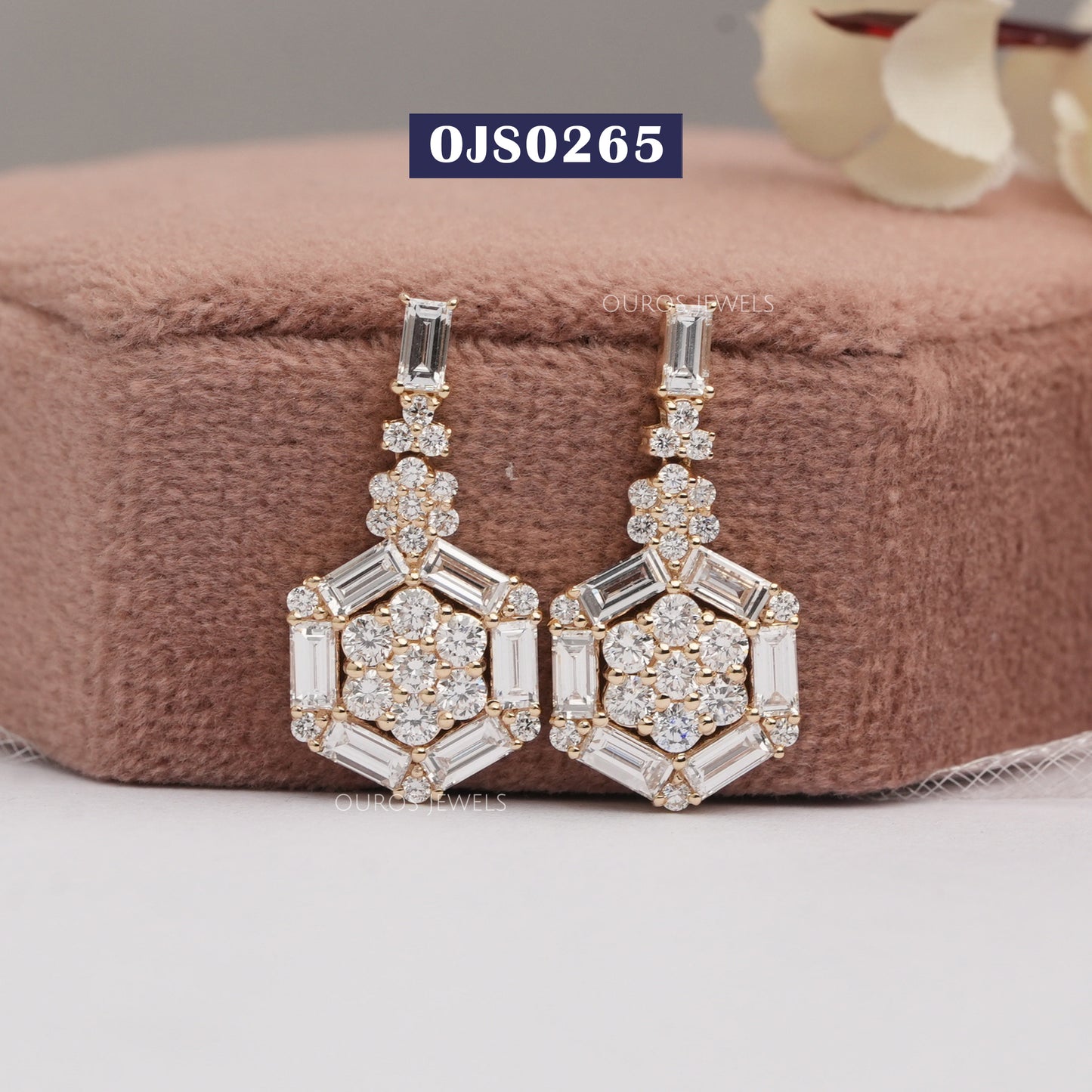 Flower Round Cut Halo Baguette Lab Diamond Earring