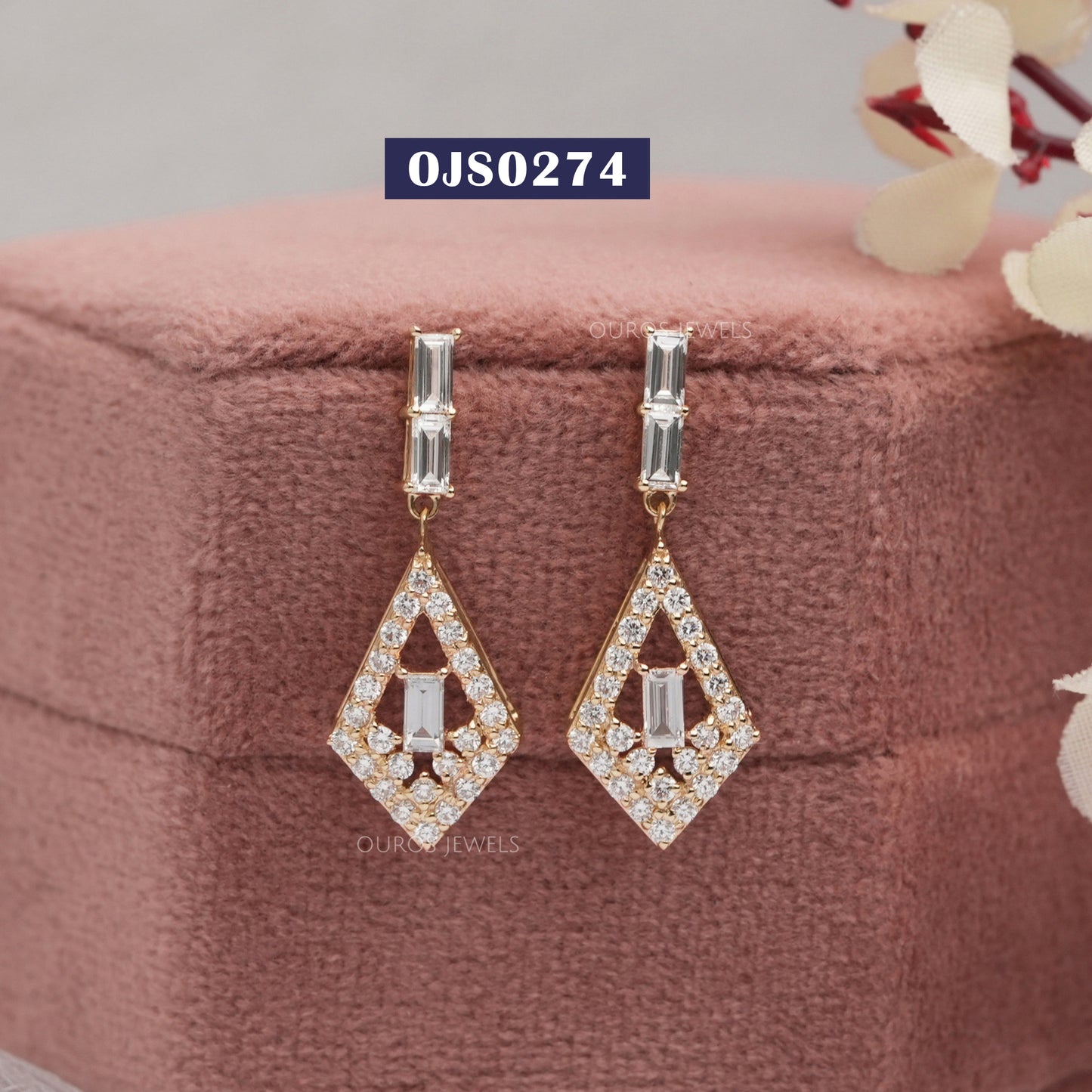 Kite Shape Baguette and Round Halo Teardrop Earrings