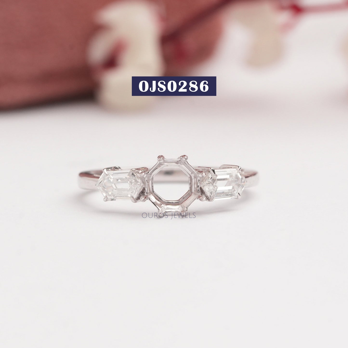 Elongated Hexagon Three Stone Mount  Ring