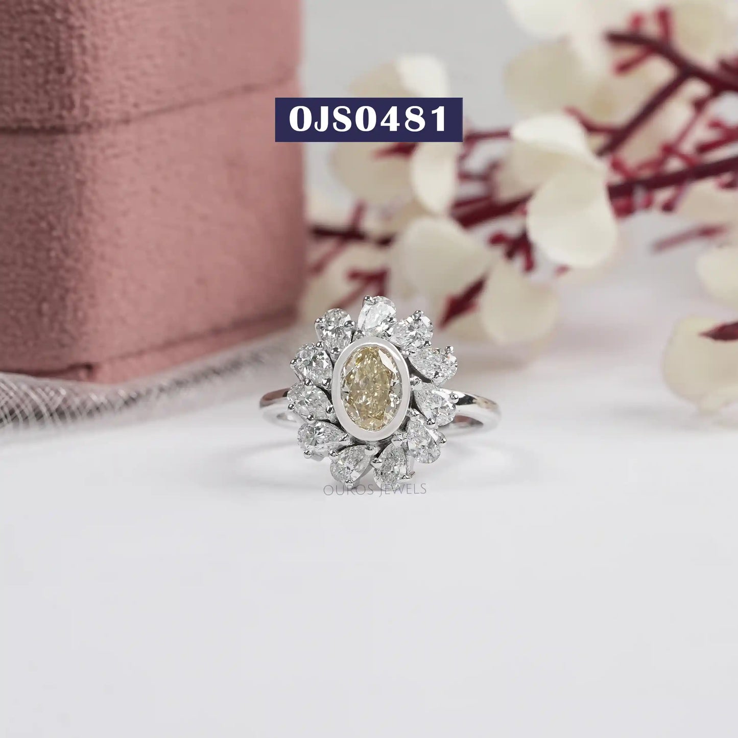 Yellow Oval Bezel Set Halo  Pear Engagement  Ring