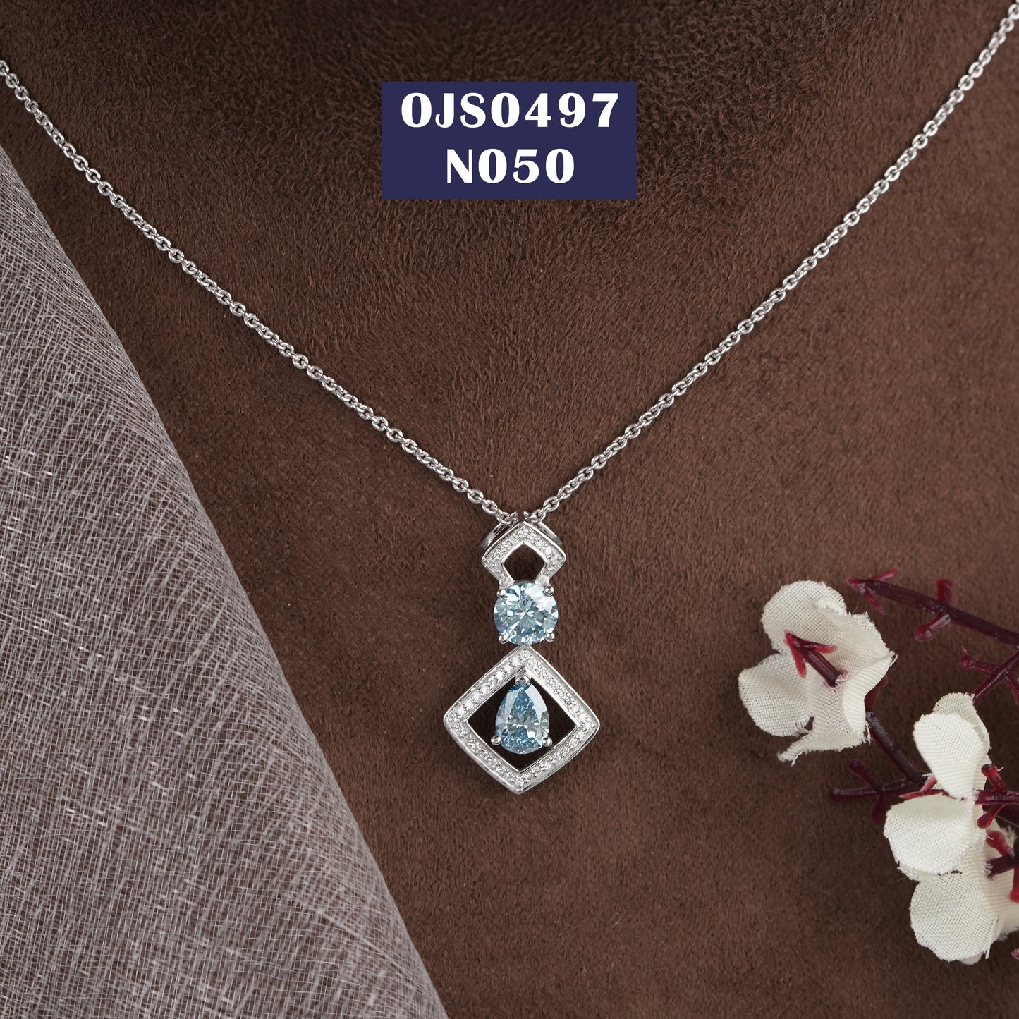 Blue Round & Pear Cut Lab Diamond Halo Pendant