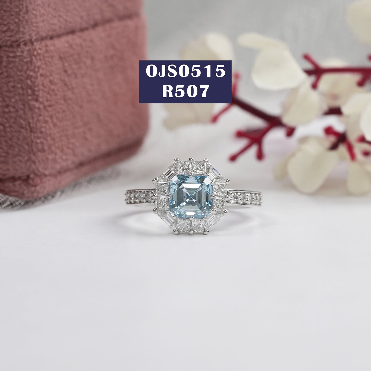 Blue Asscher Cut Halo Diamond Ring