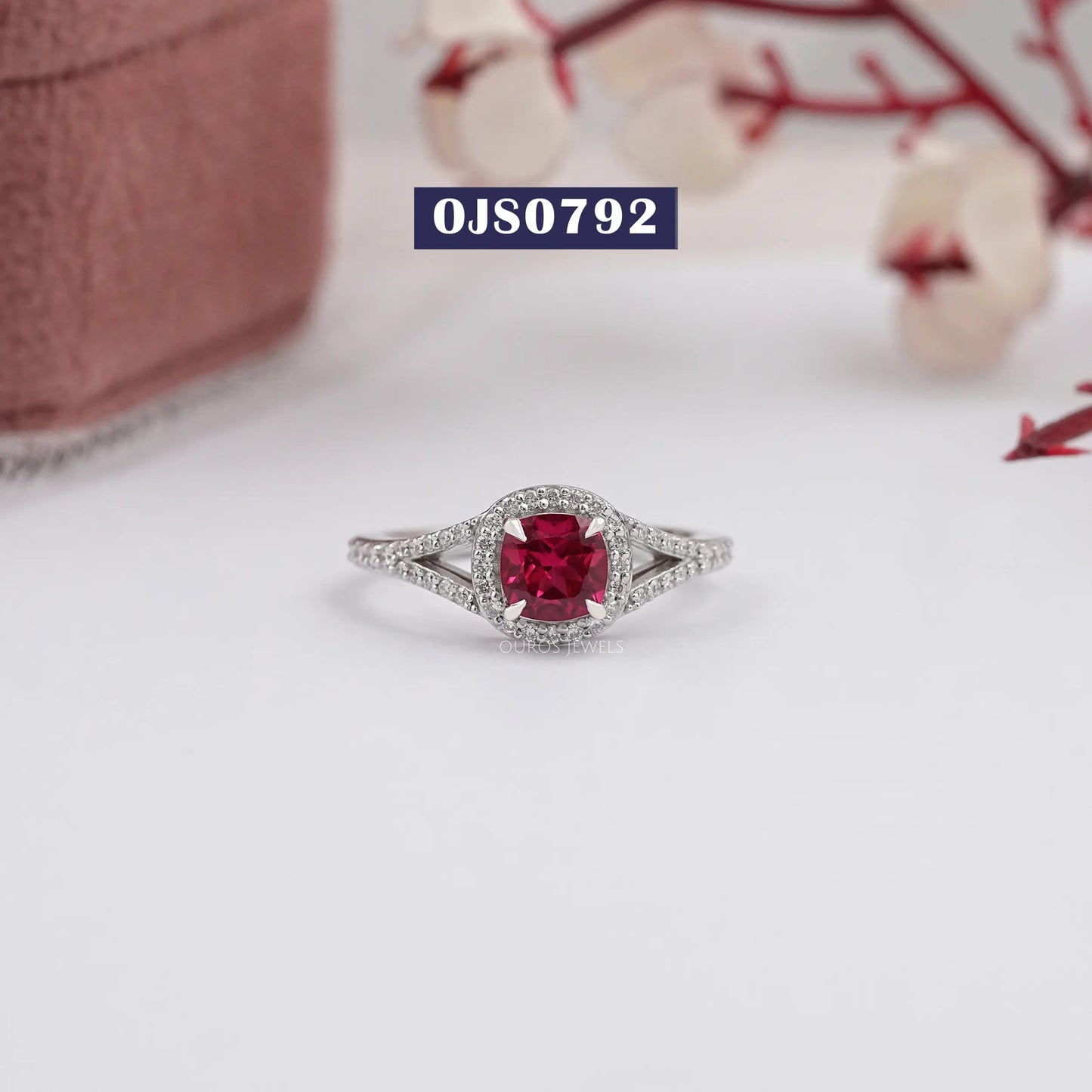 Halo Split Shank Cushion Gemstone Ring