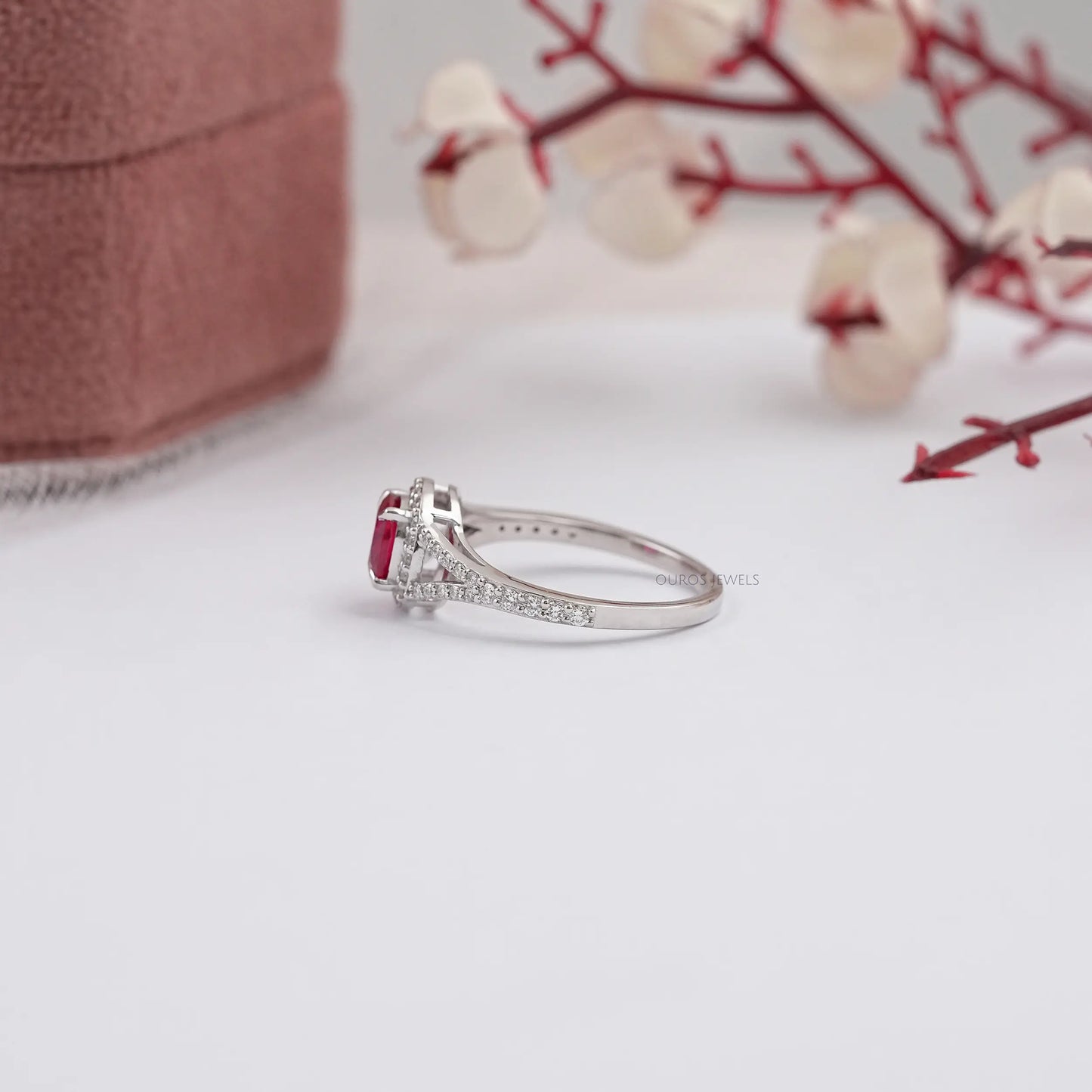 Halo Split Shank Cushion Gemstone Ring