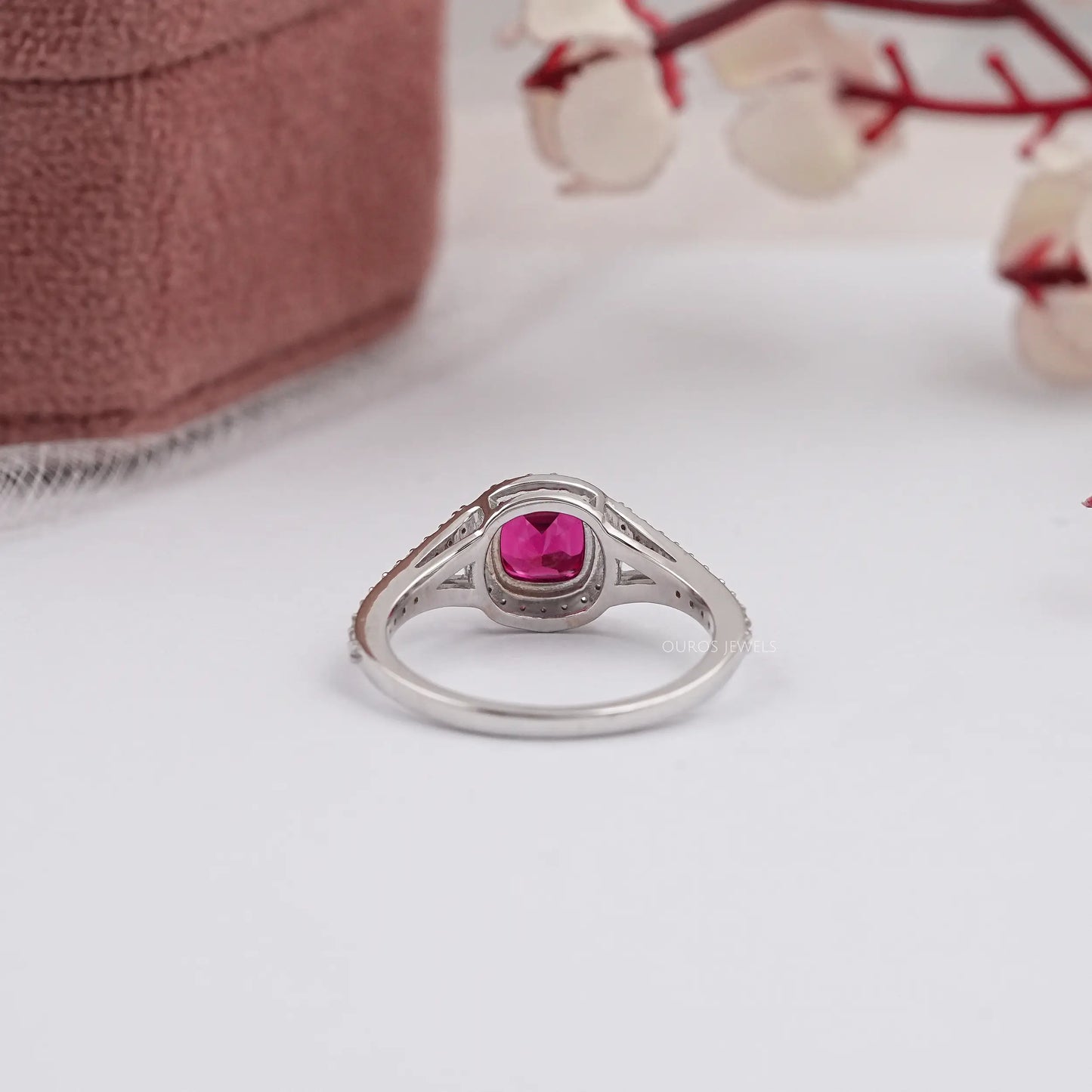 Halo Split Shank Cushion Gemstone Ring