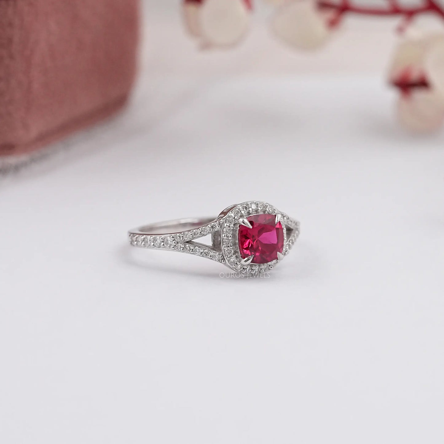 Halo Split Shank Cushion Gemstone Ring