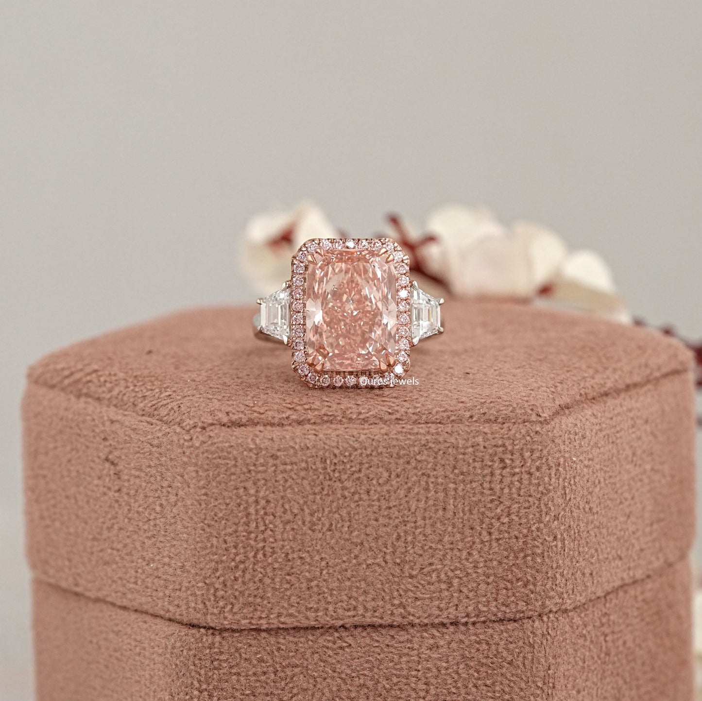Three Stone Pink Cushion Cut Halo Lab Diamond Ring