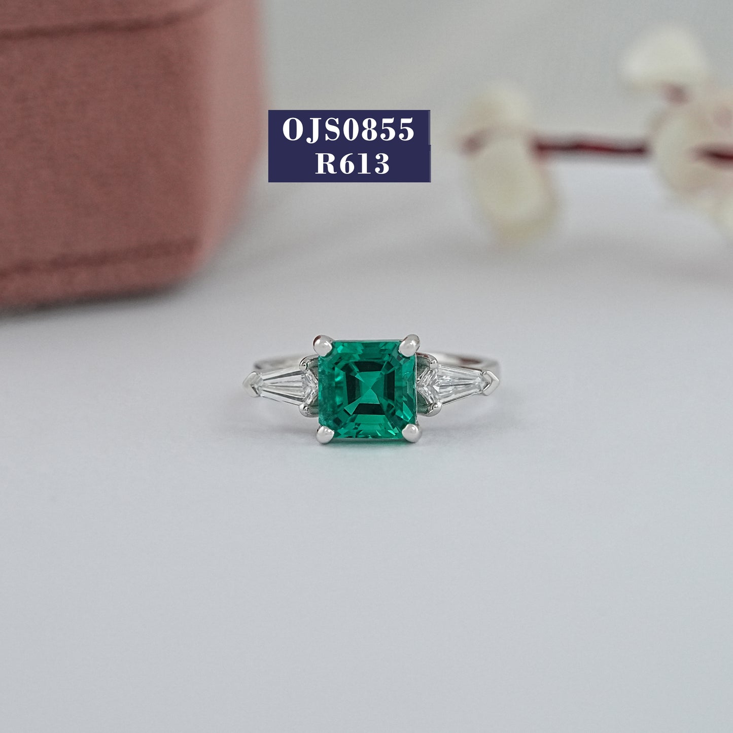 Green Asscher Gemstone Three Stone Ring