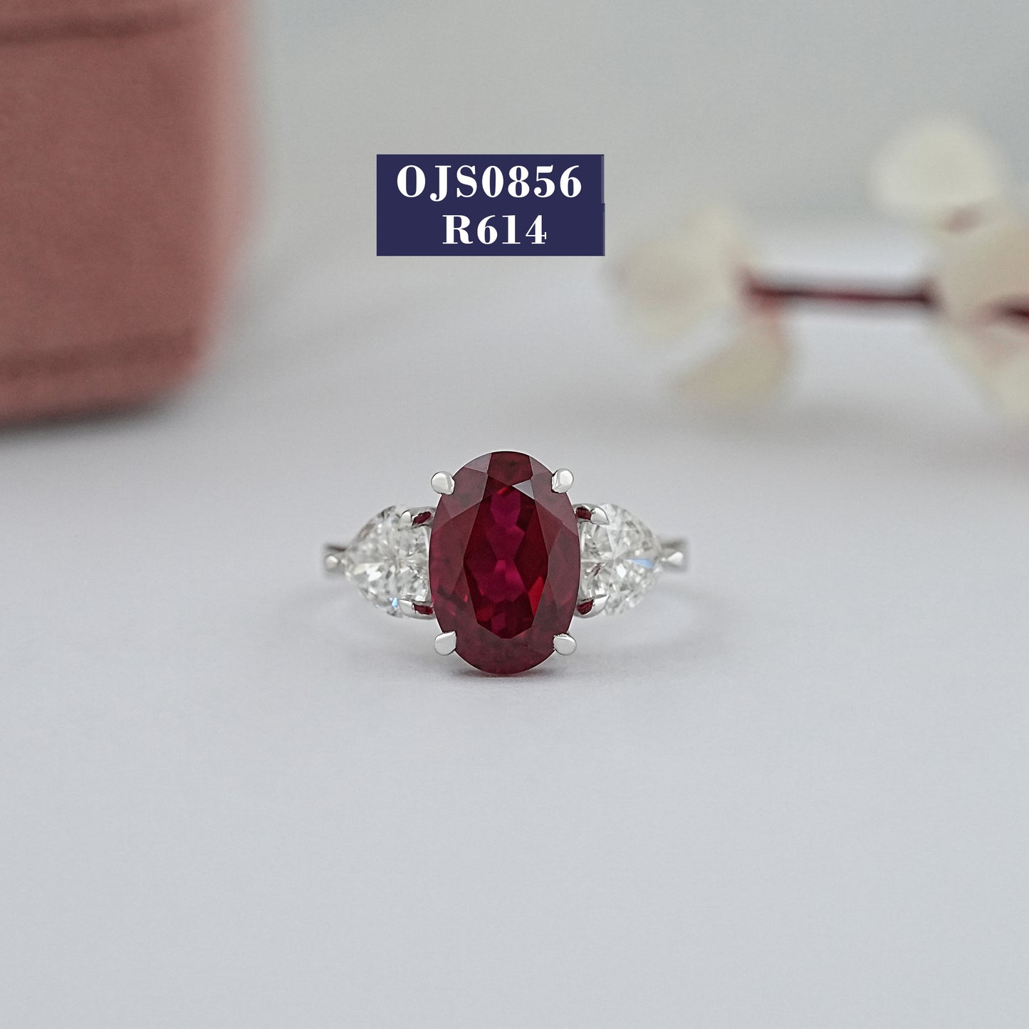 Red Oval And Heart Shape Three Stone Diamond Ring