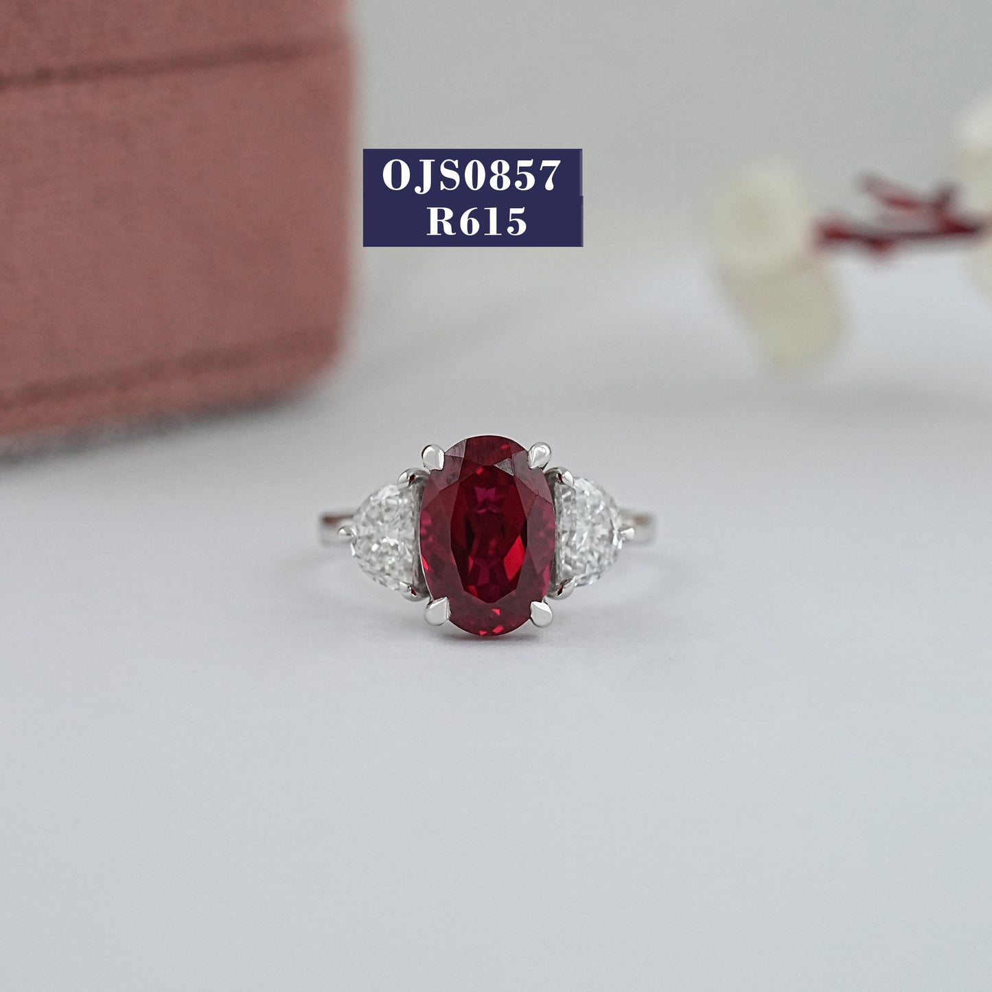 Ruby And Half Moon Three Stone Diamond Ring