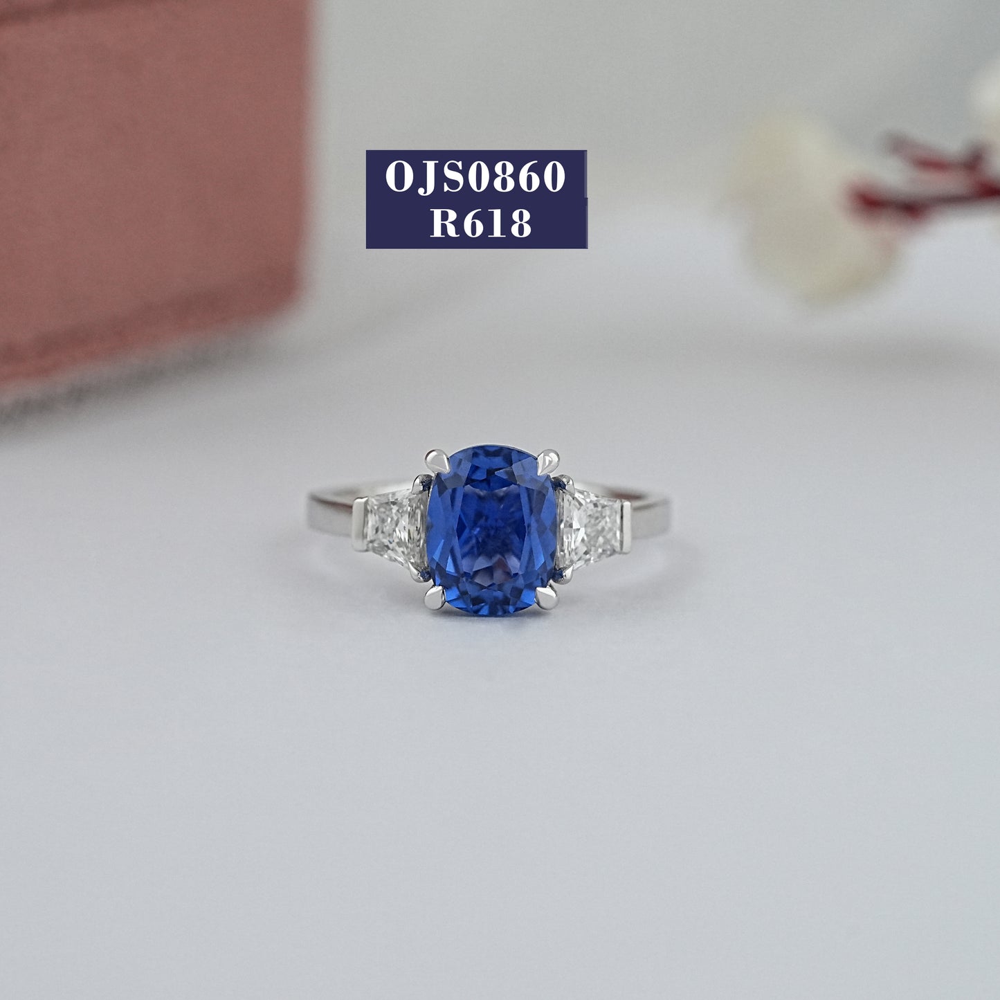 Sapphire Cushion And Trapezoid Diamond Ring