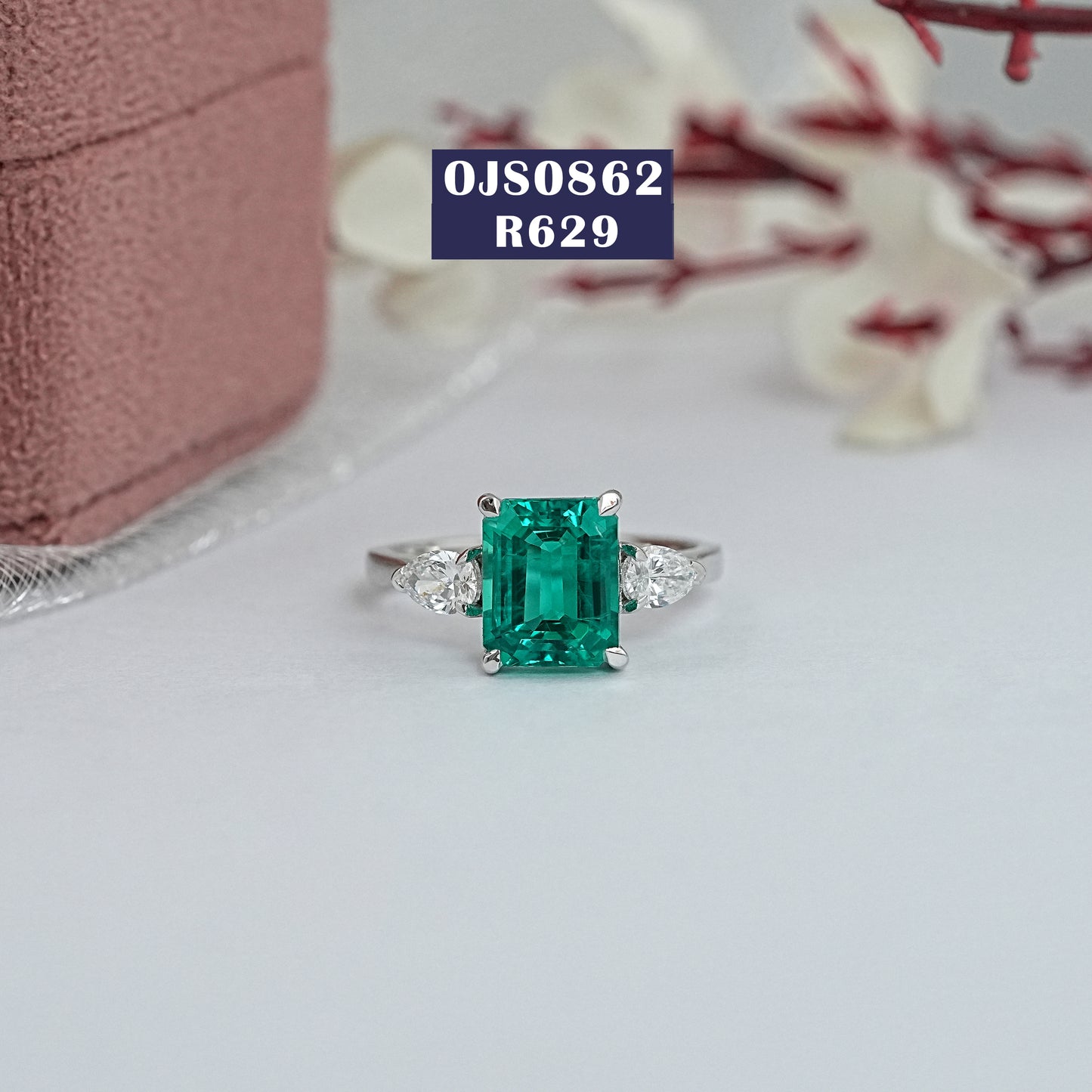 Emerald Gemstone And Pear Lab Diamond Ring