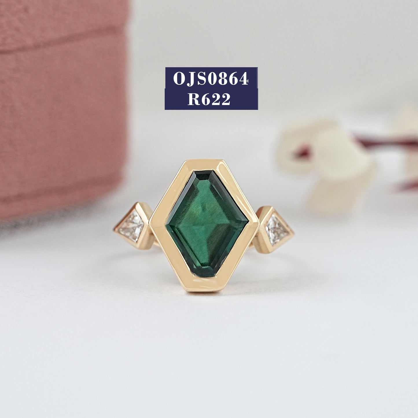Green Lozenge And Kite Cut Three Stone Diamond Ring
