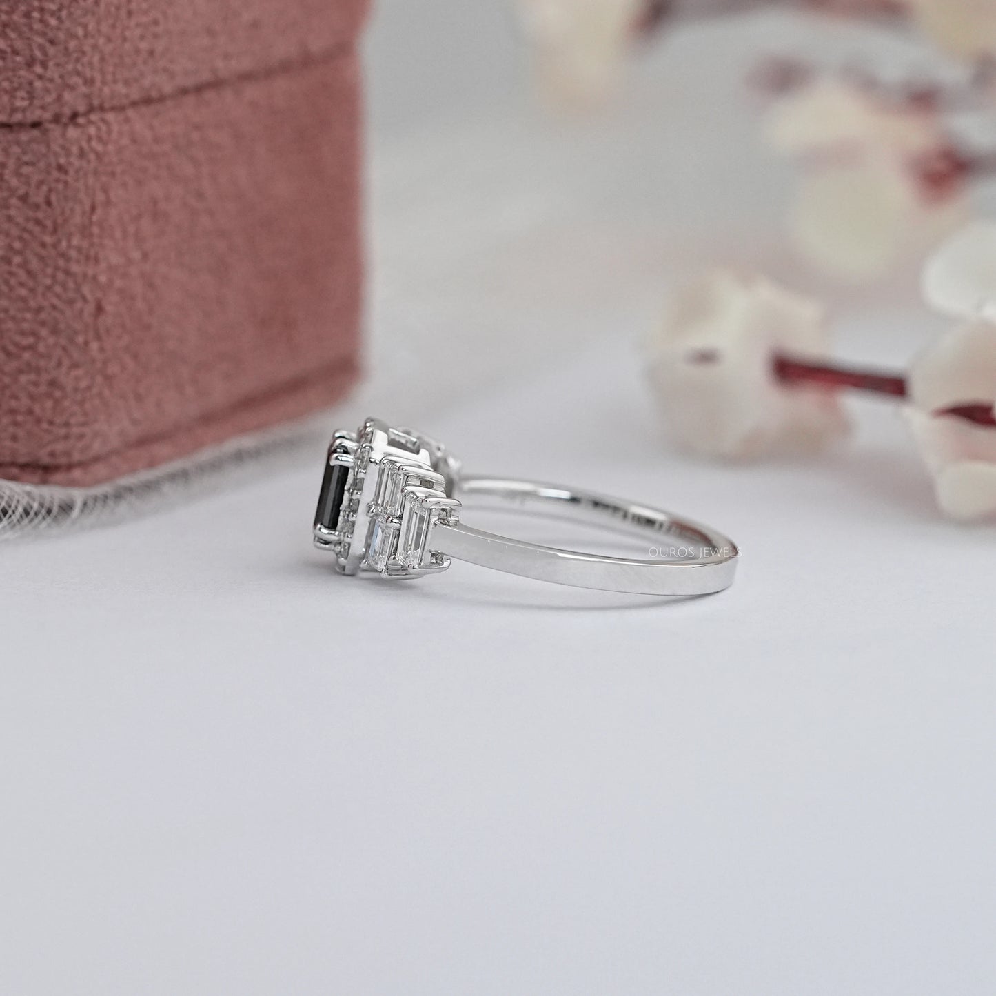 Black Emerald Cut Cluster Diamond Engagement Ring