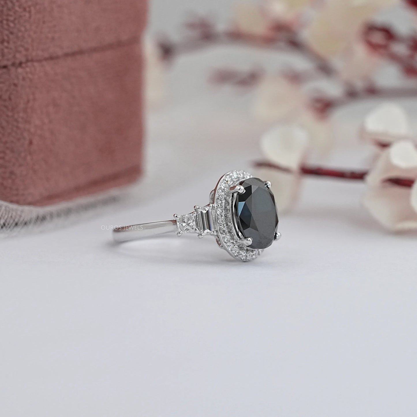 Black Oval Cut Halo Diamond Engagement Ring