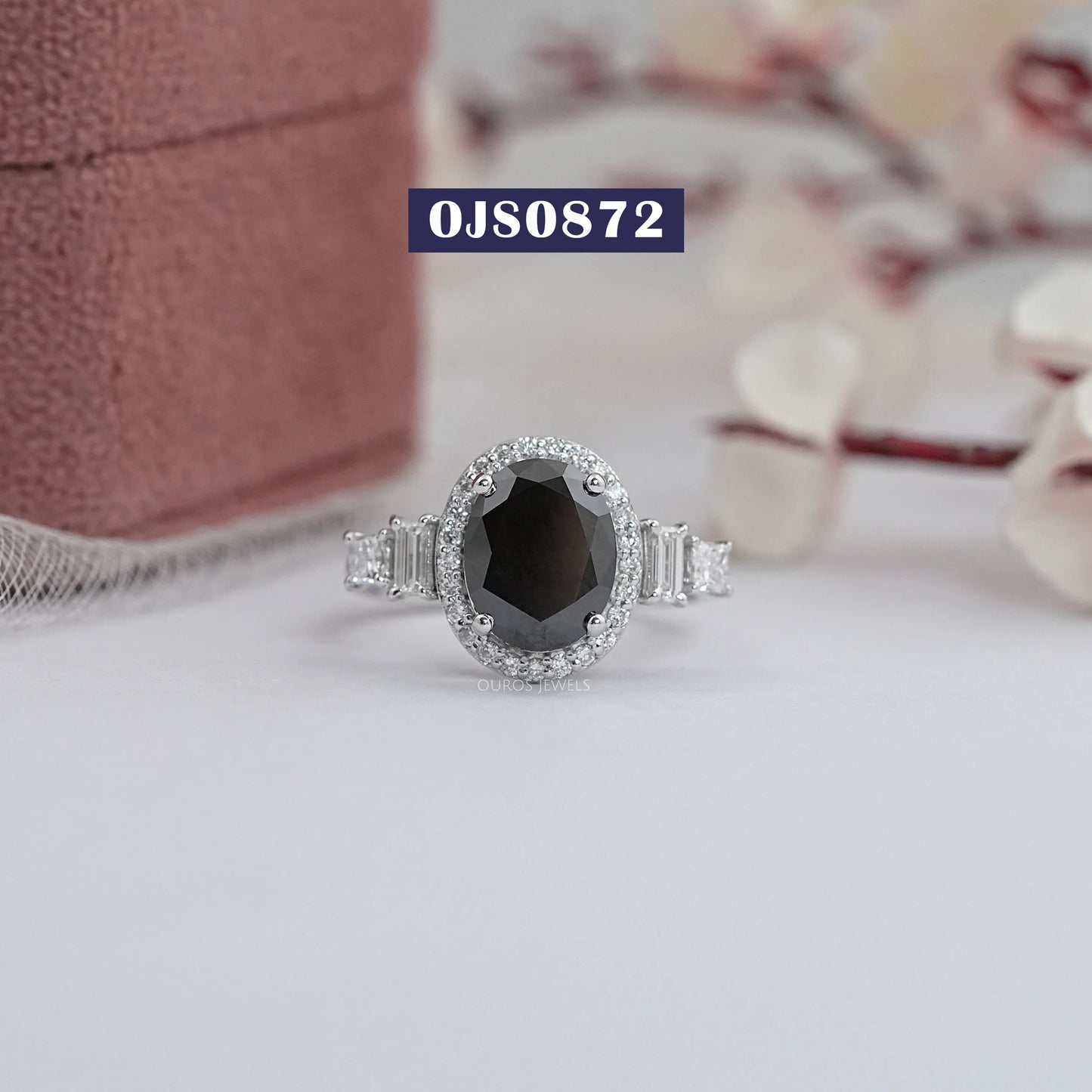 Black Oval Cut Halo Diamond Engagement Ring