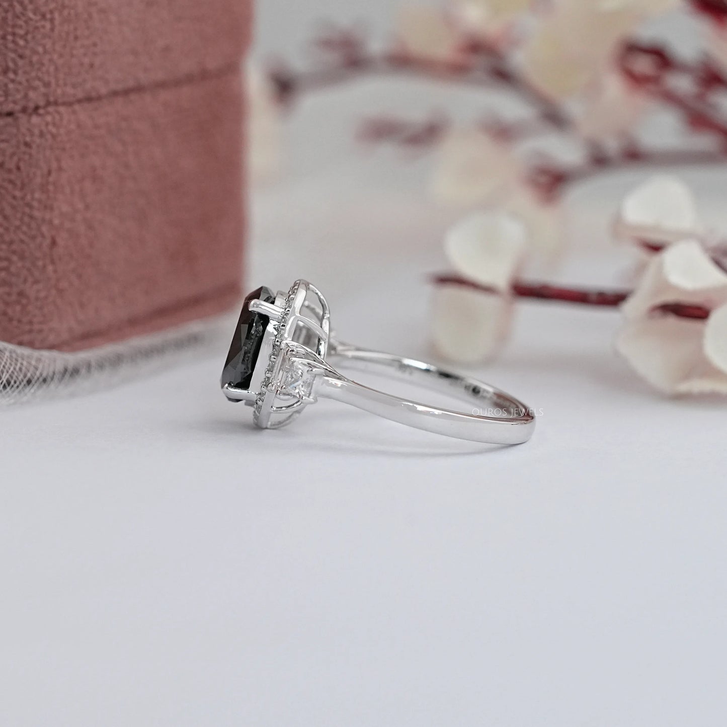Black Oval Cut Halo Diamond Engagement Ring
