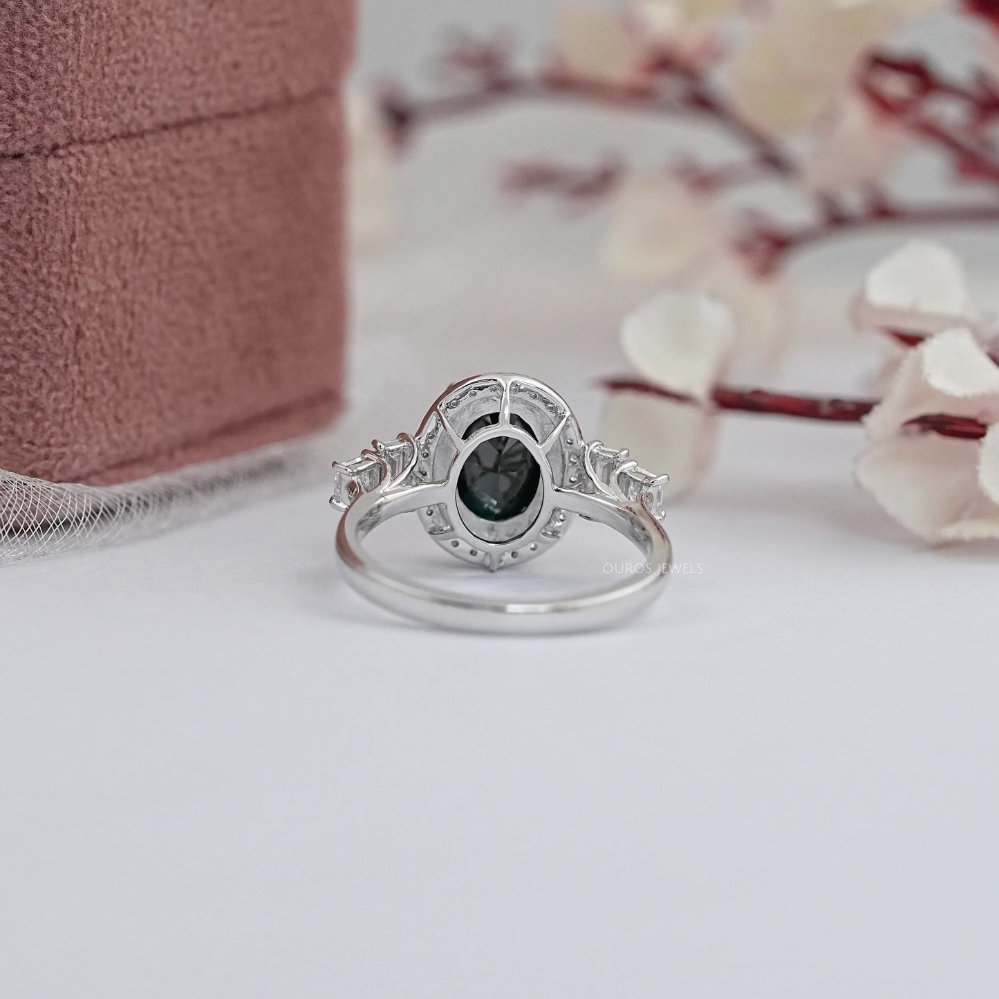Black Oval Cut Halo Diamond Engagement Ring