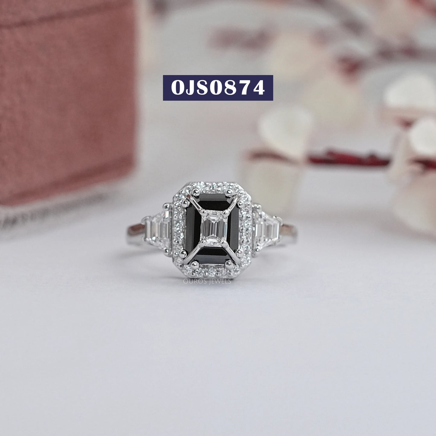 Three Stone Black Emerald Cut Lab Grown Diamond Ring