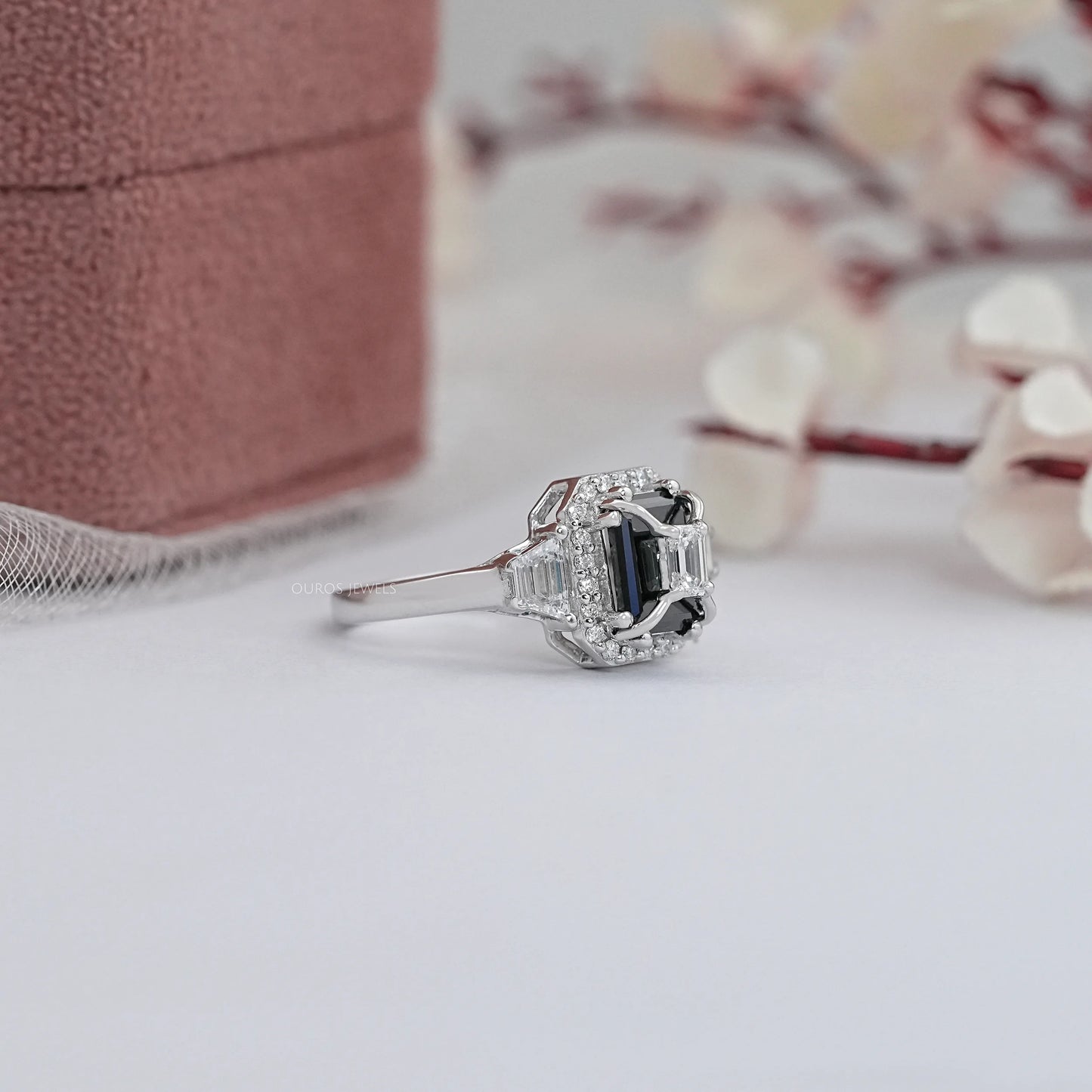 Three Stone Black Emerald Cut Lab Grown Diamond Ring