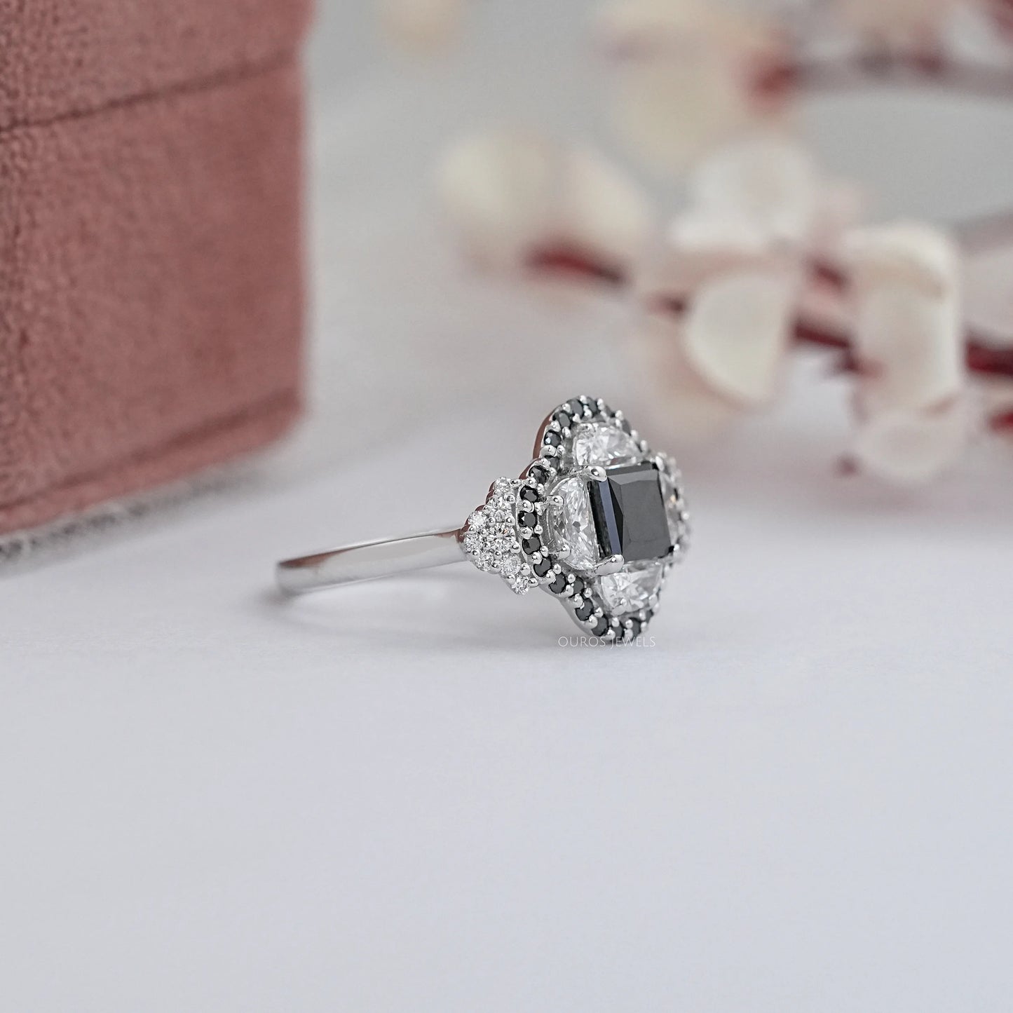 Black Princess And Half Moon Cut Double Halo Ring