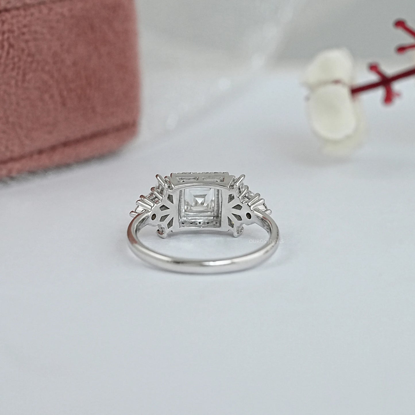Carre Cut Solitaire Accent Halo Diamond Ring