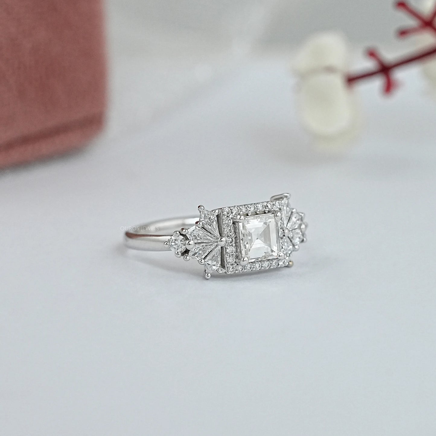 Carre Cut Solitaire Accent Halo Diamond Ring