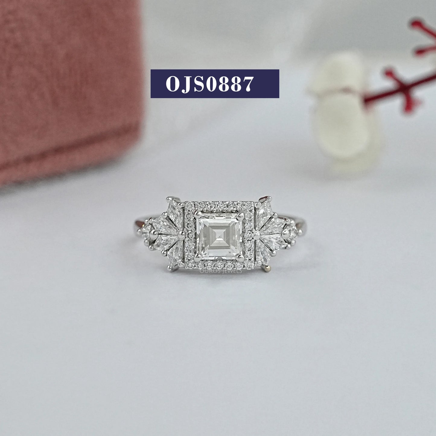 Carre Cut Solitaire Accent Halo Diamond Ring