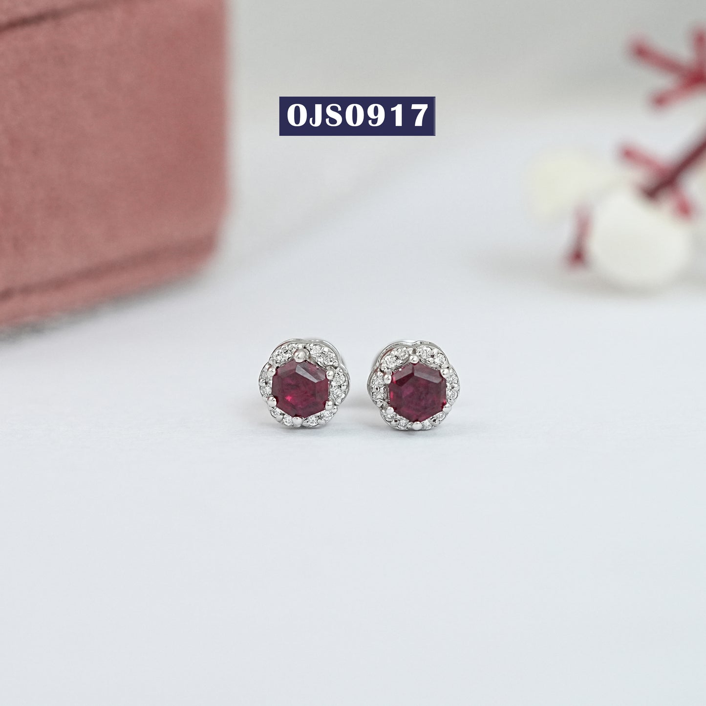 Hexagon Cut Lab Grown Red Ruby Gemstone Stud