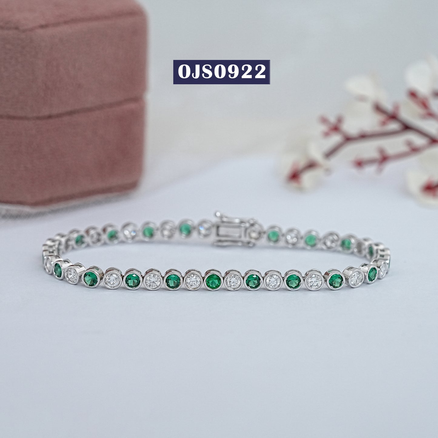 Round Cut Emerald Gemstone & Lab Diamond Tennis Bracelet