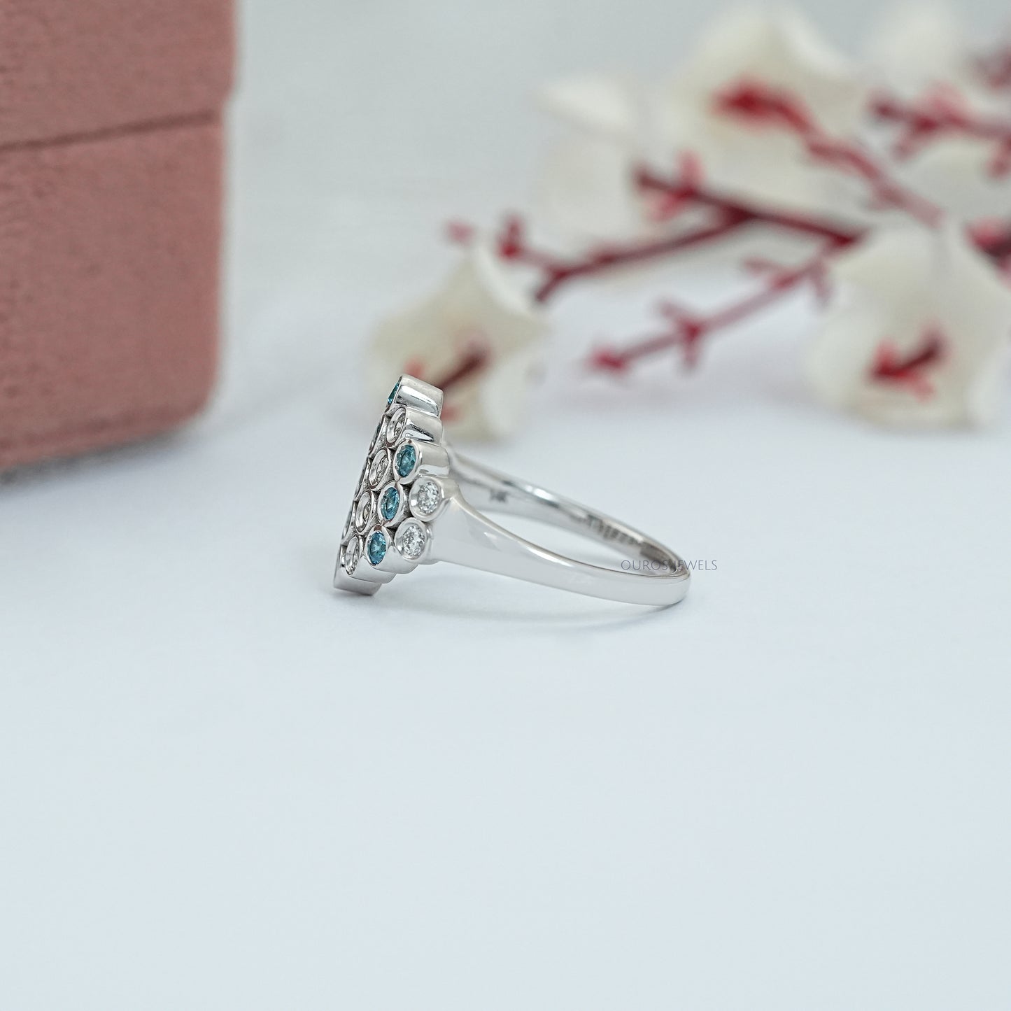 Blue Round GemStone Bezel Set Diamond Ring