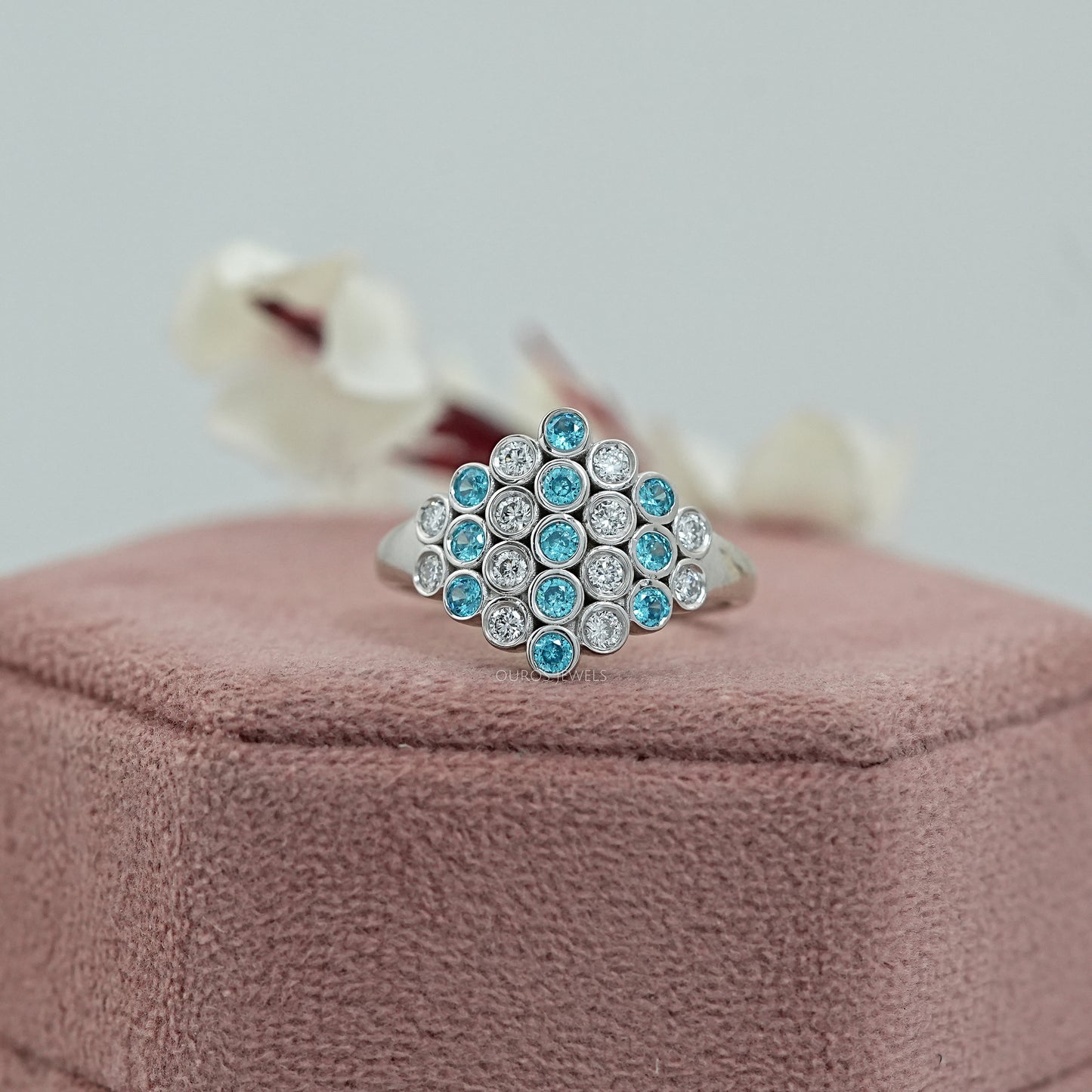 Blue Round GemStone Bezel Set Diamond Ring