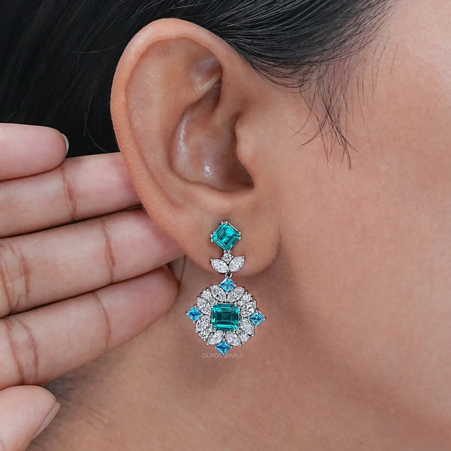 Asscher Paraiba Gemstone Cluster Drop Earrings