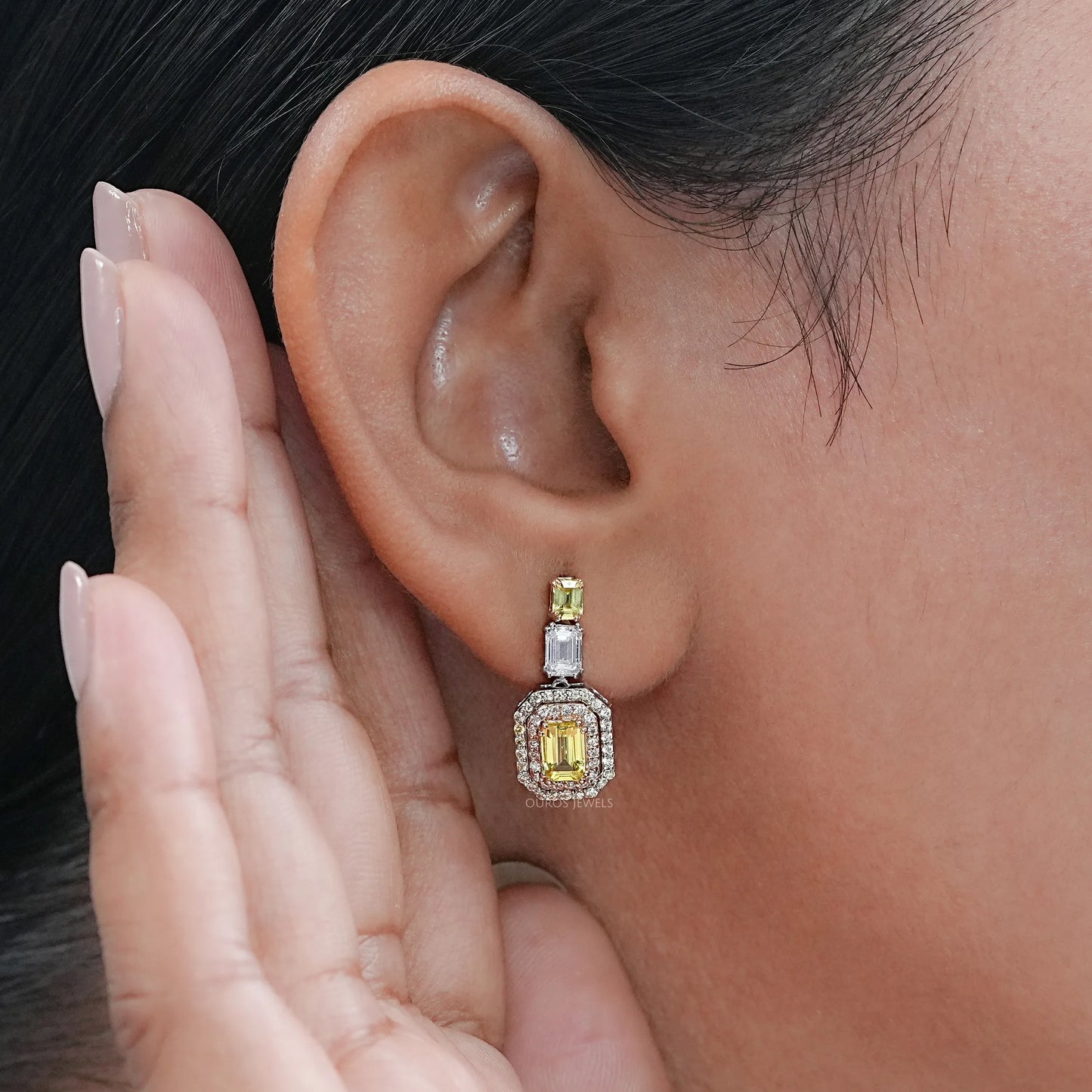 Yellow Emerald Gemstone Double Halo Drop Earrings