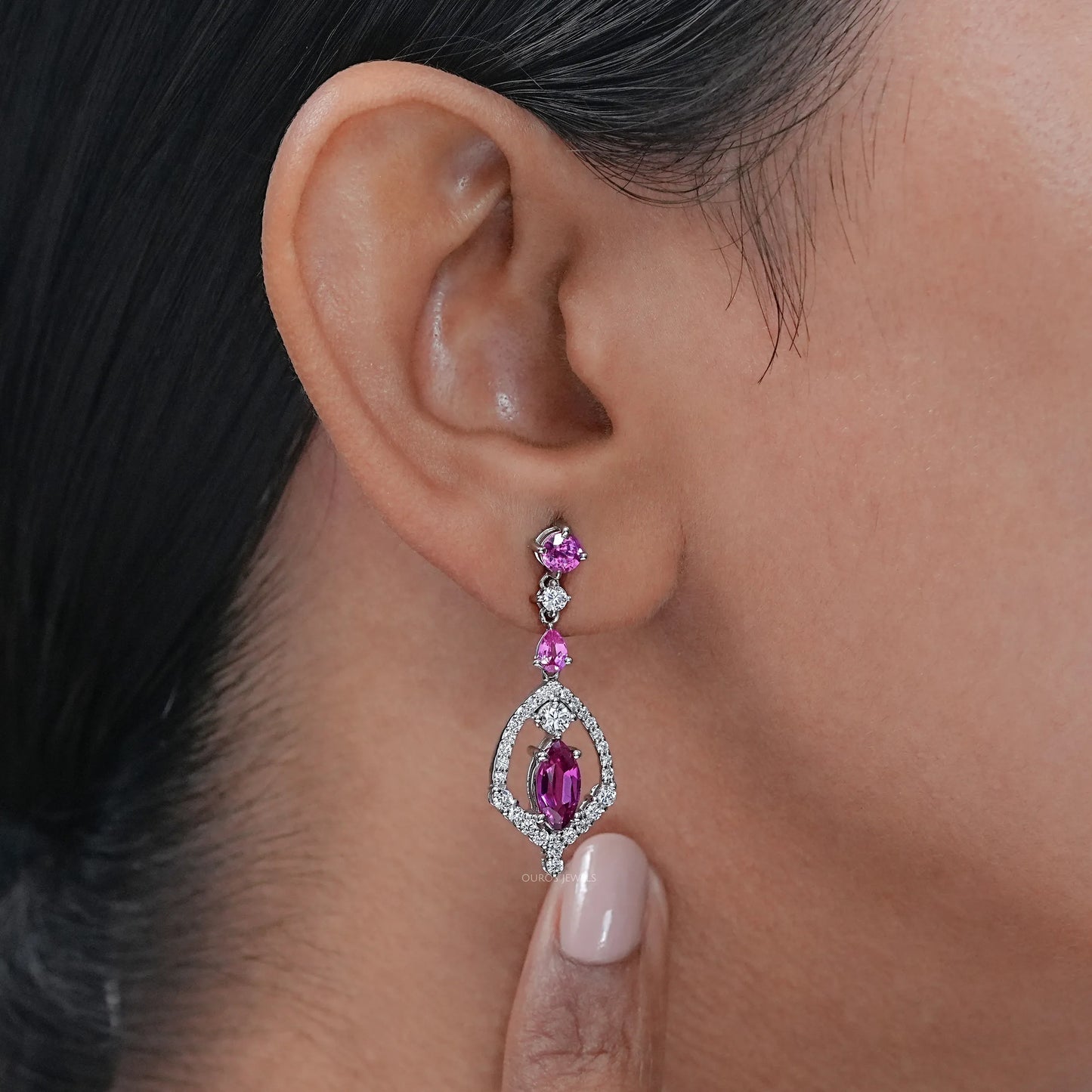 Pink Sapphire Marquise Cut Dangle Earrings