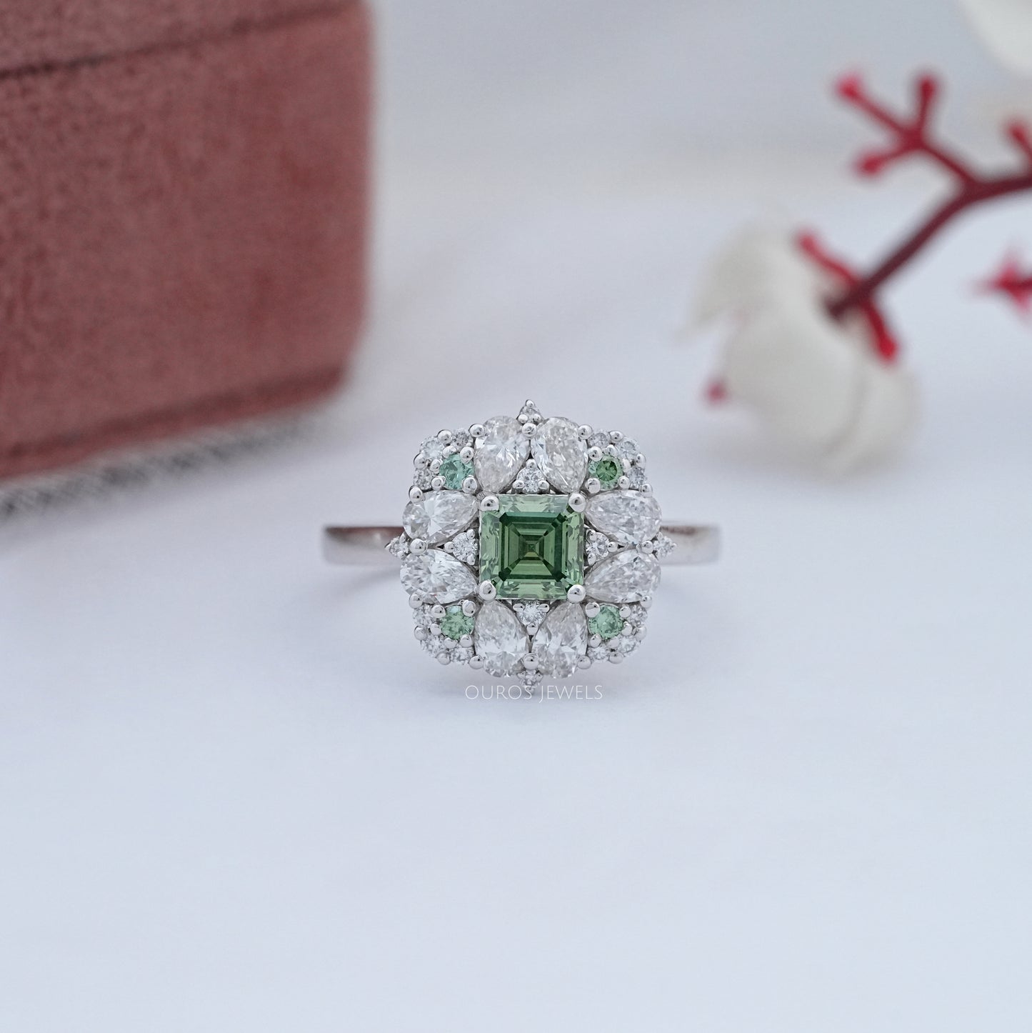 Green Asscher Cut Lab Diamond Cluster Set Ring