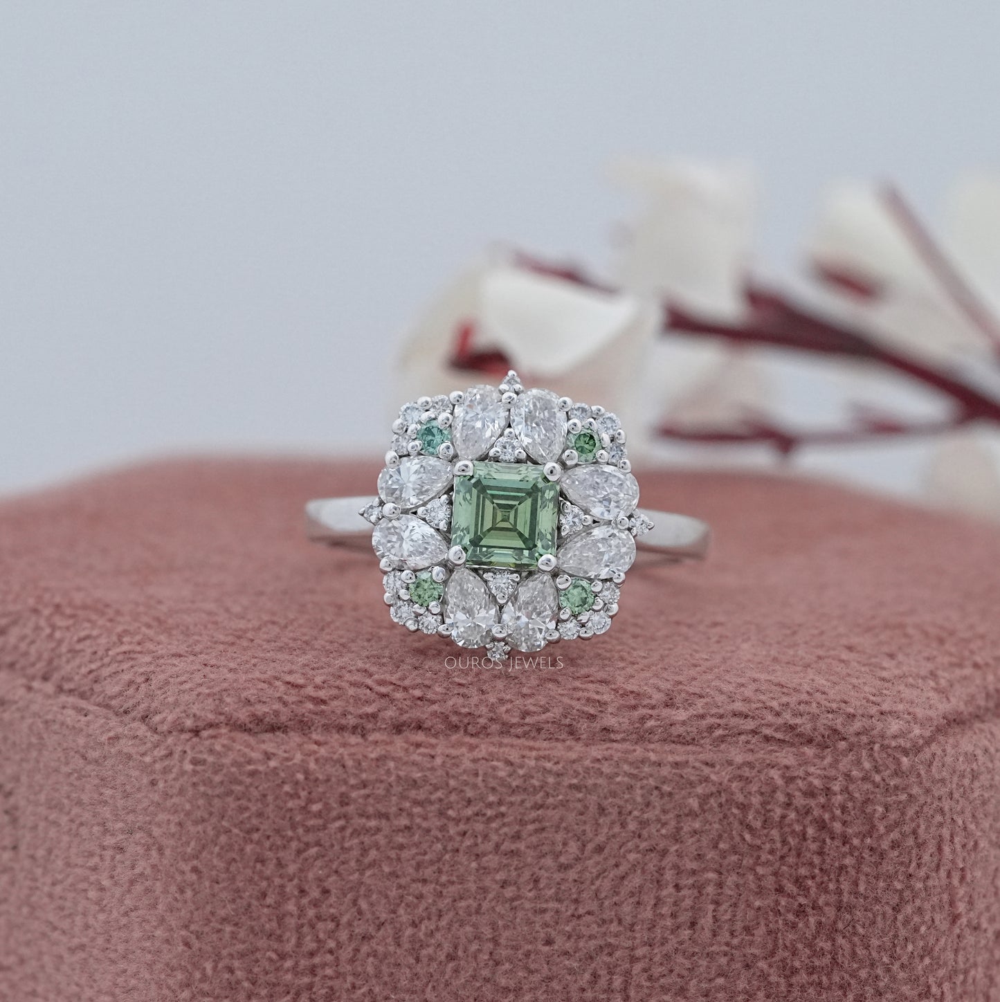Green Asscher Cut Lab Diamond Cluster Set Ring