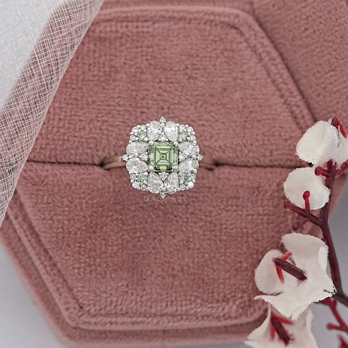 Green Asscher Cut Lab Diamond Cluster Set Ring
