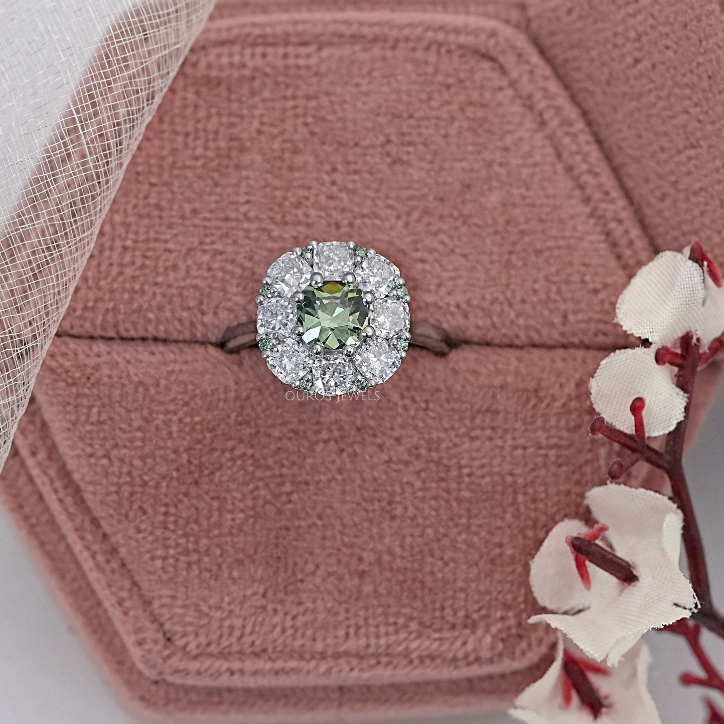 Green Cushion Cut Lab Diamond Halo Ring