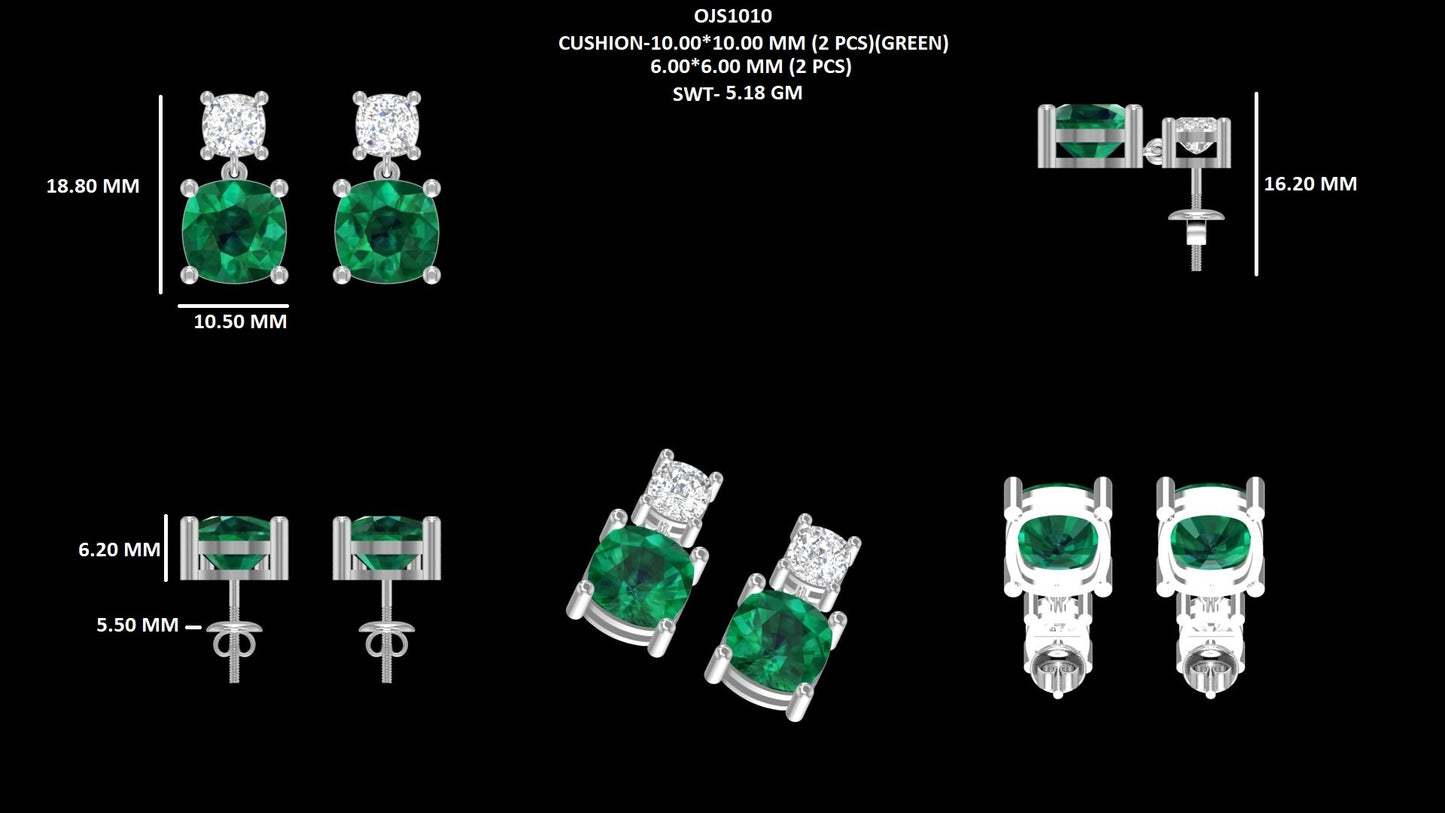 Emerald Cushion And Lab Diamond Dangle Earrings