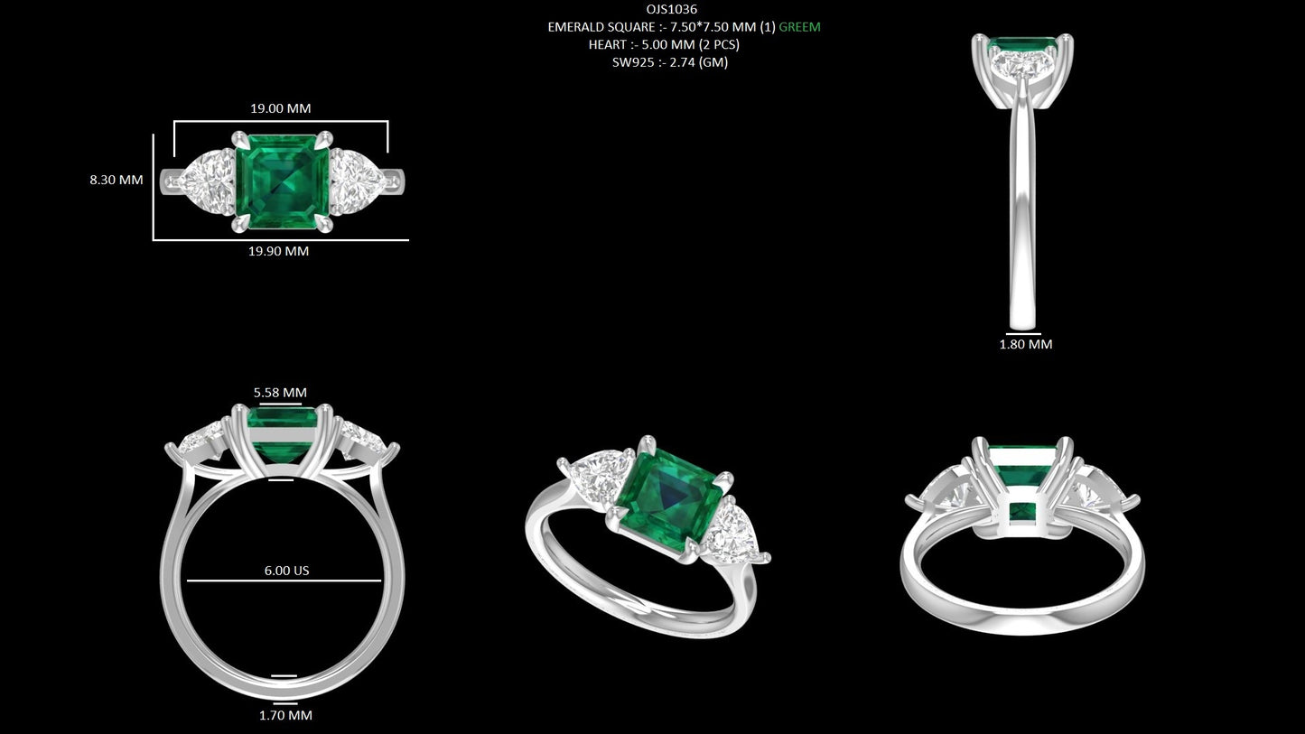 Emerald Asscher And Heart Cut Three Stone Ring