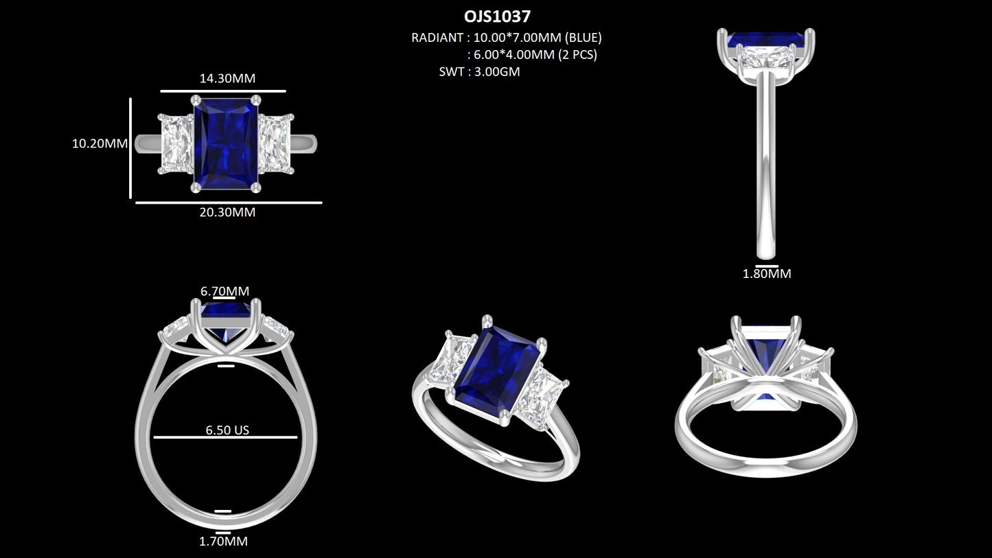 Radiant Cut Sapphire Gemstone And Lab Diamond Three Stone Ring