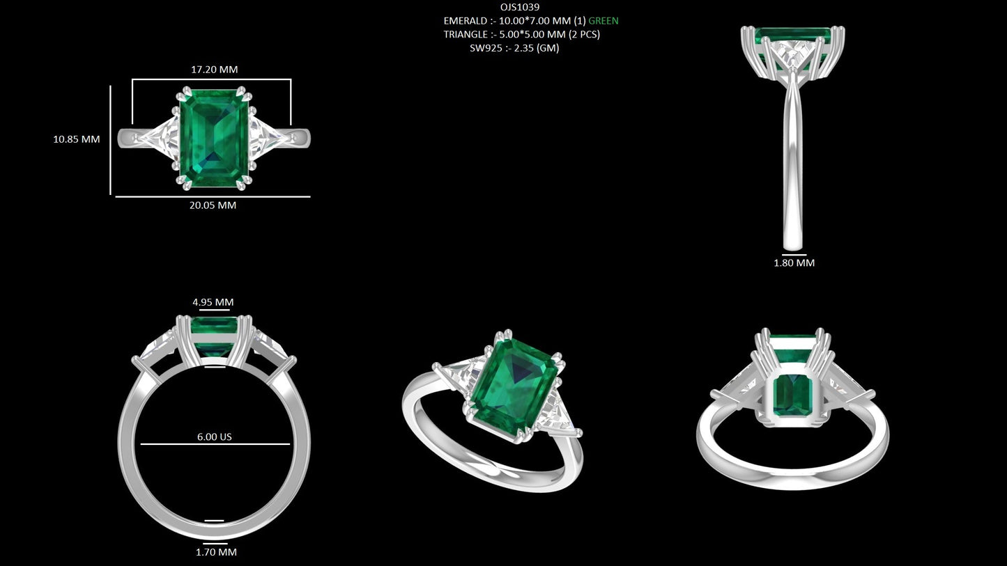 Emerald Gemstone And Triangle Cut Three Stone Ring