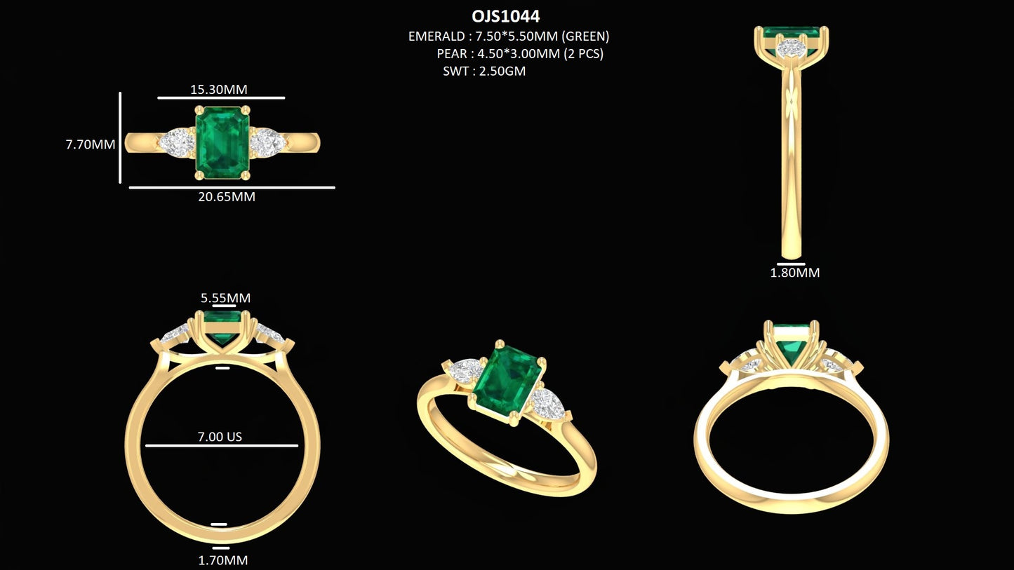 Emerald Gemstone And Lab Grown Diamond Three Stone Ring