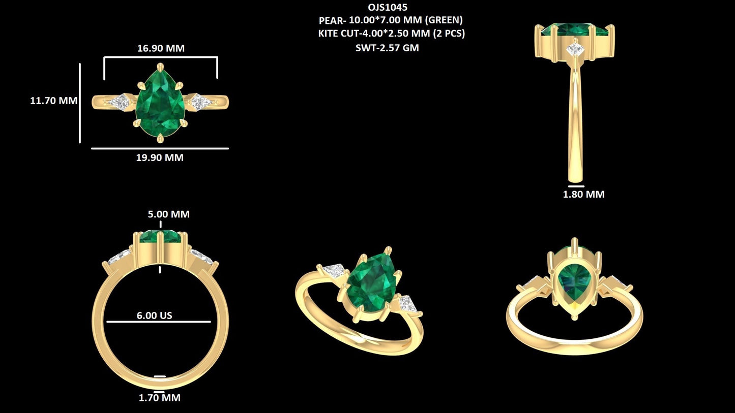 Emerald Pear And Kite Cut Lab Diamond Three Stone Ring