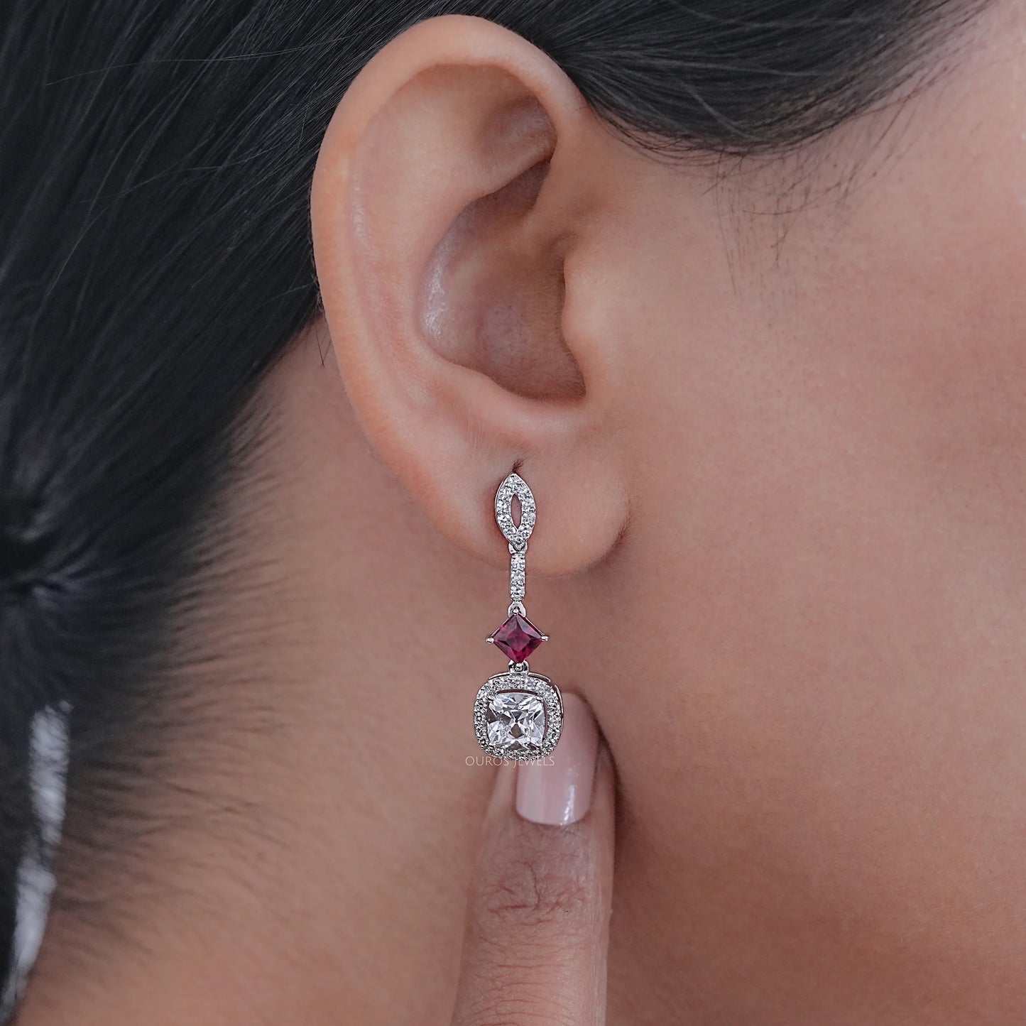 Old Mine Cushion Cut Halo Drop Earring