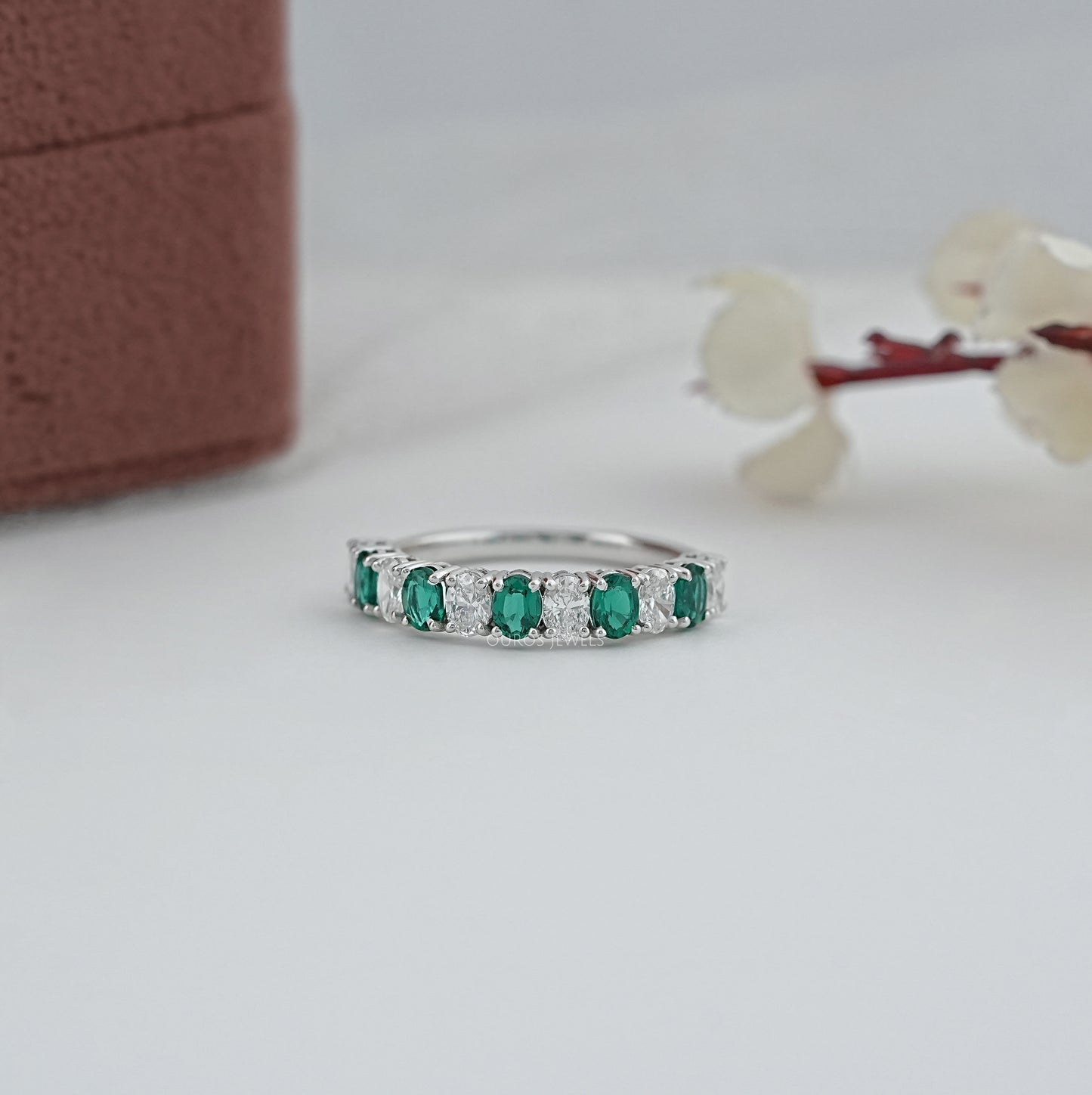 Alternate Green Emerald & White Diamond Half Eternity Wedding Band