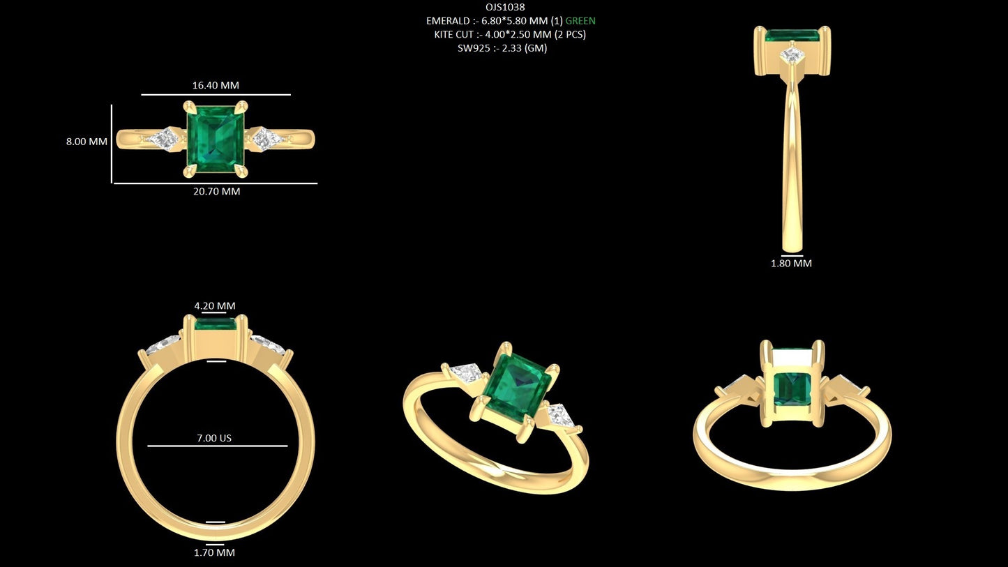 Green Emerald Gemstone 3 Stone Ring