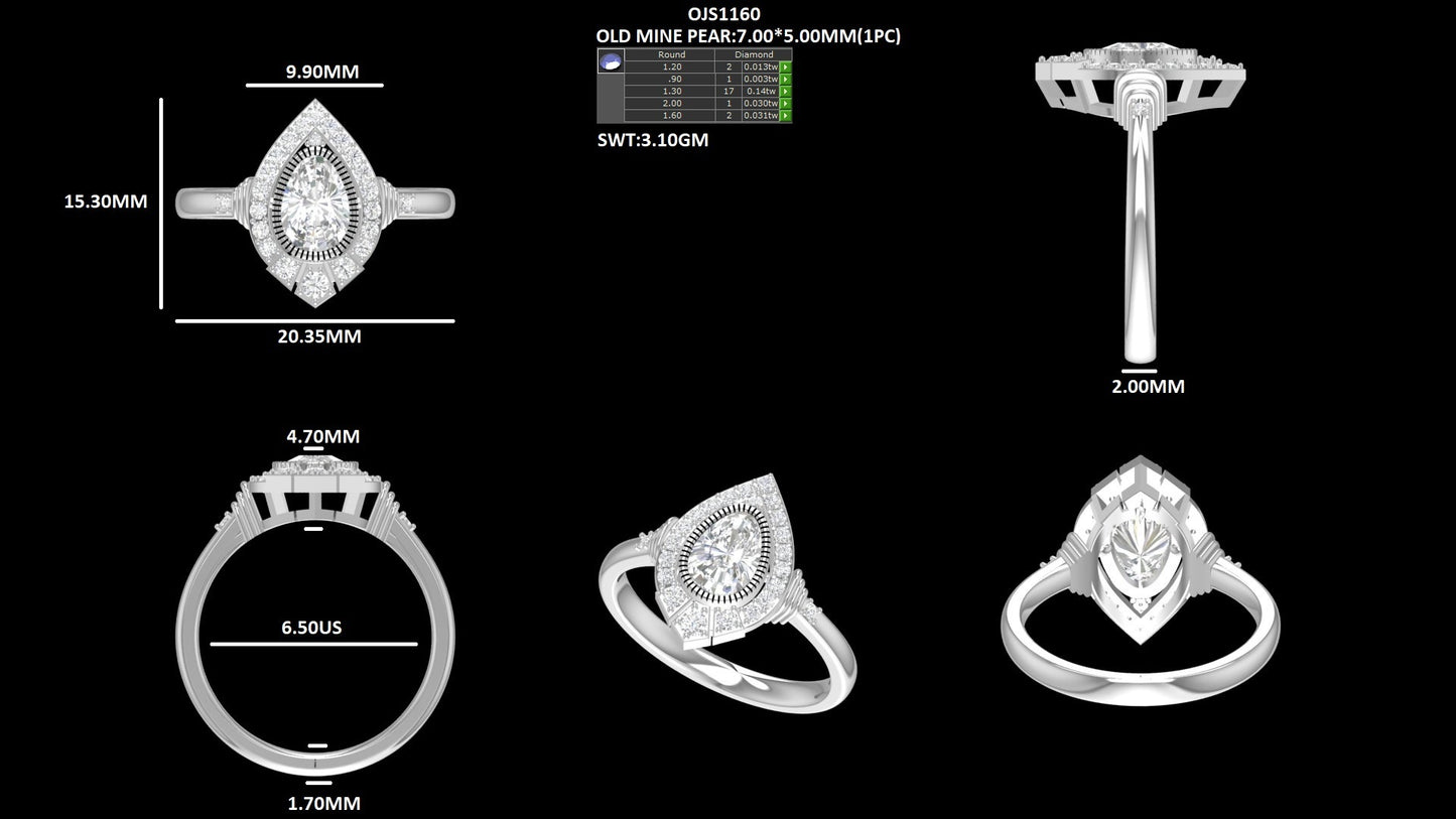 Old Mine Pear Cut Lab Diamond Halo Ring